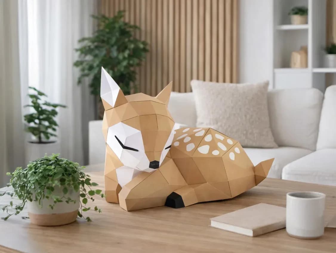 Origami d'un faon en papier posé sur une table de salon