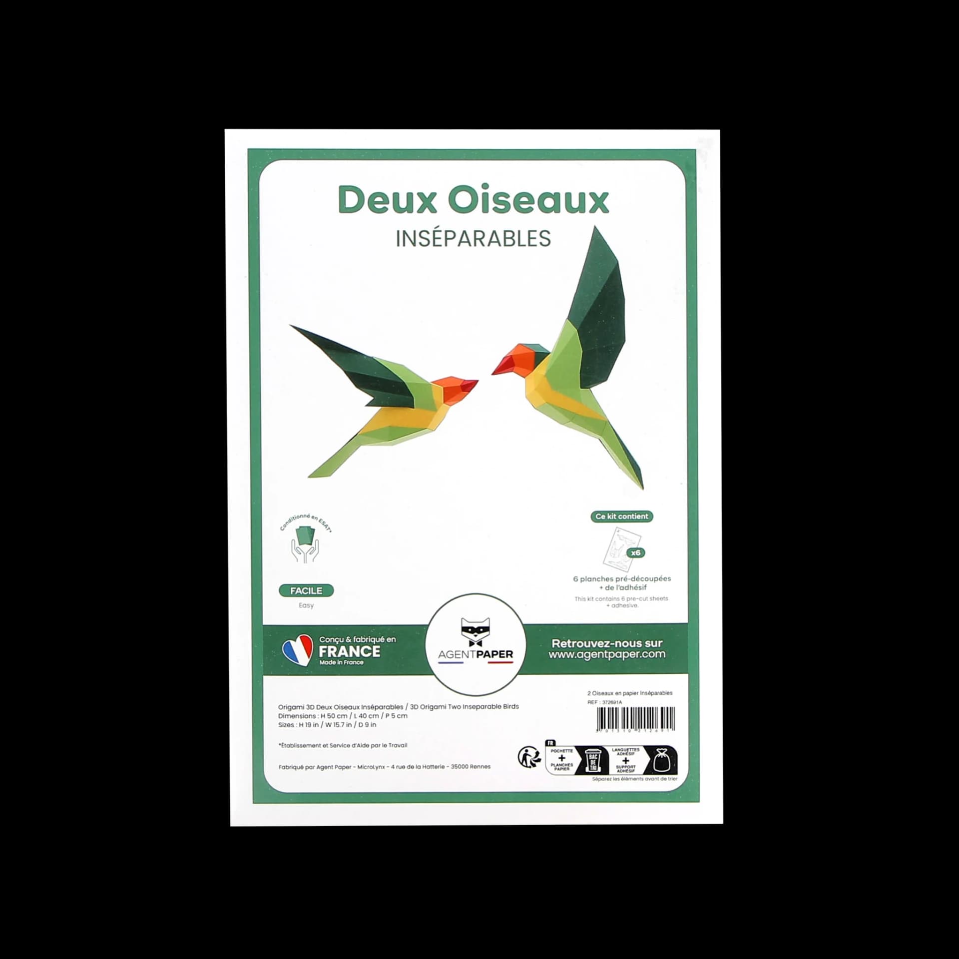 Packaging fermé des deux oiseaux inséparables en papier