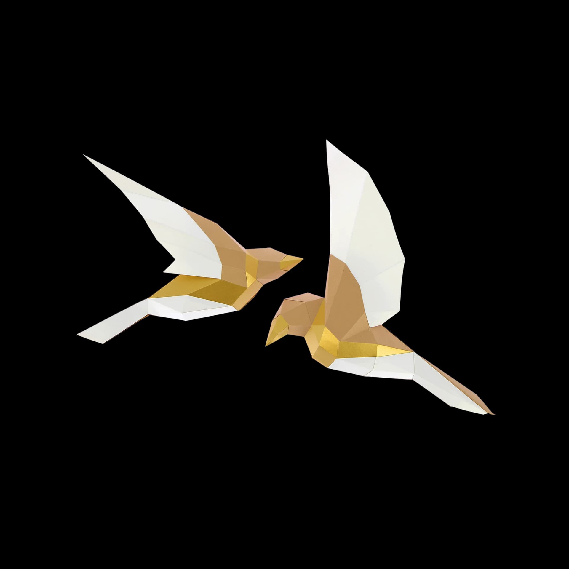 Décoration origami en papier de deux oiseaux beige et dorés