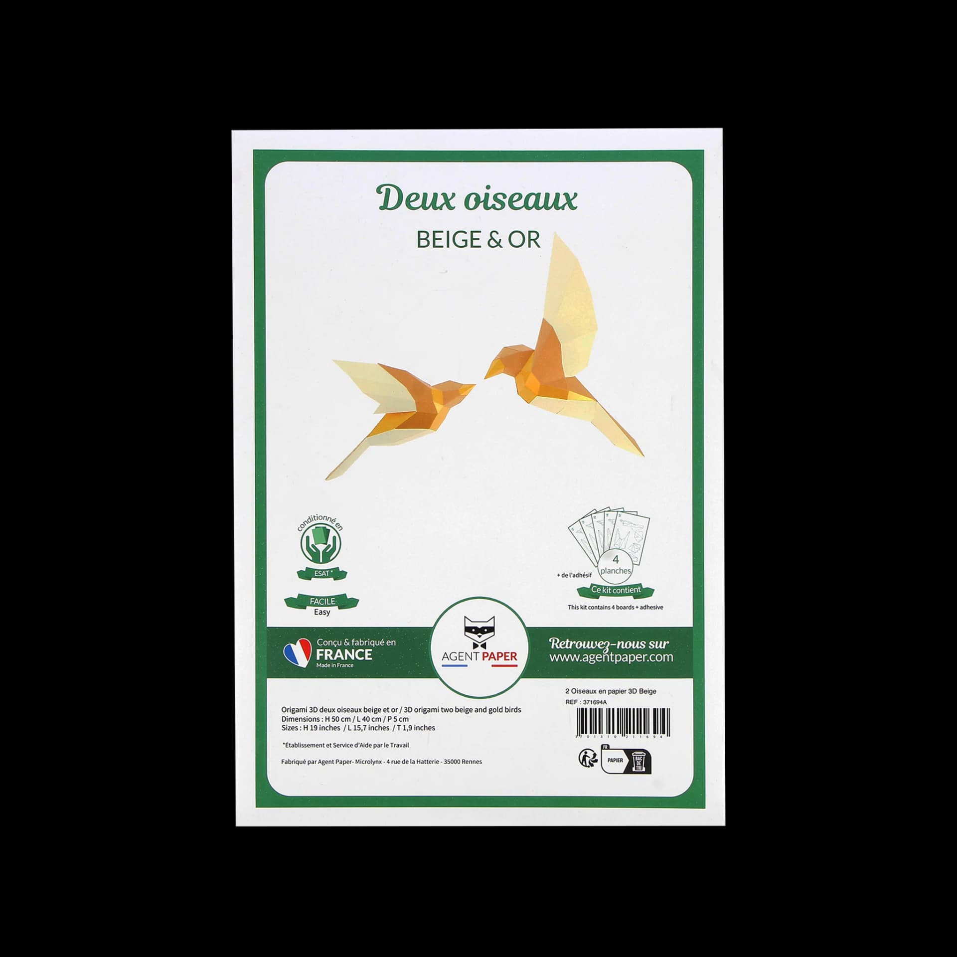 Packaging fermé des deux oiseaux beige et dorés en papier