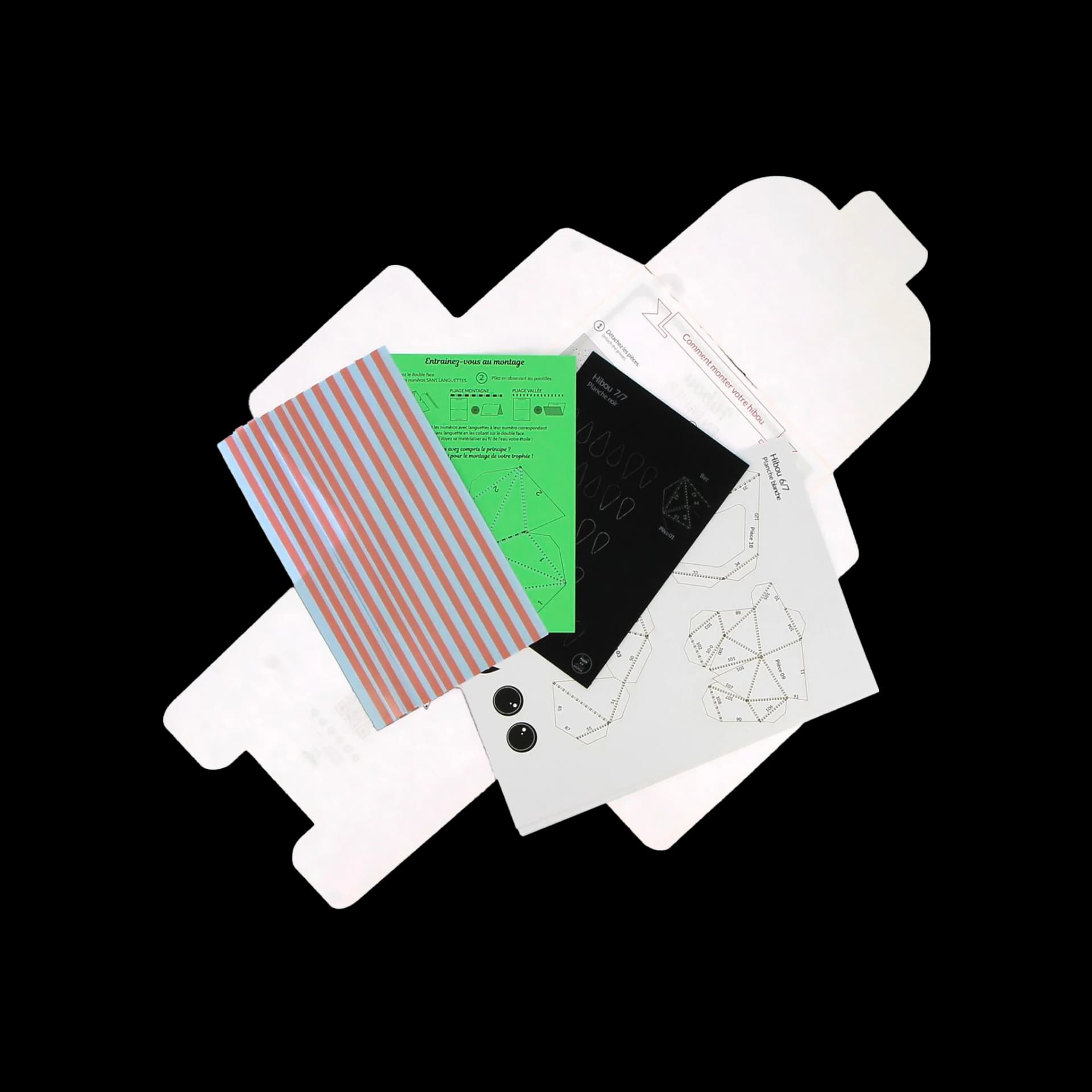 Contenu kit origami 3D en papier d'hibou blanc