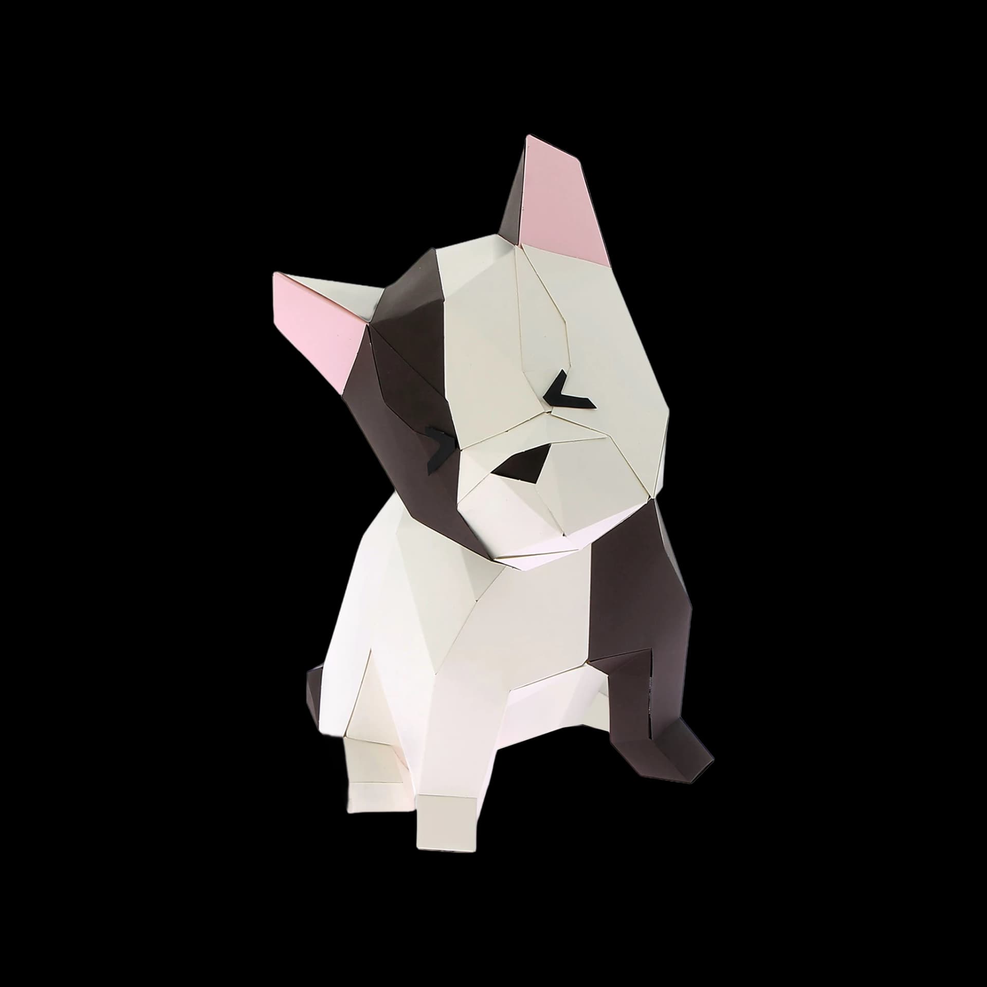 Décoration origami 3D en papier de bouledogue assis blanc et marron