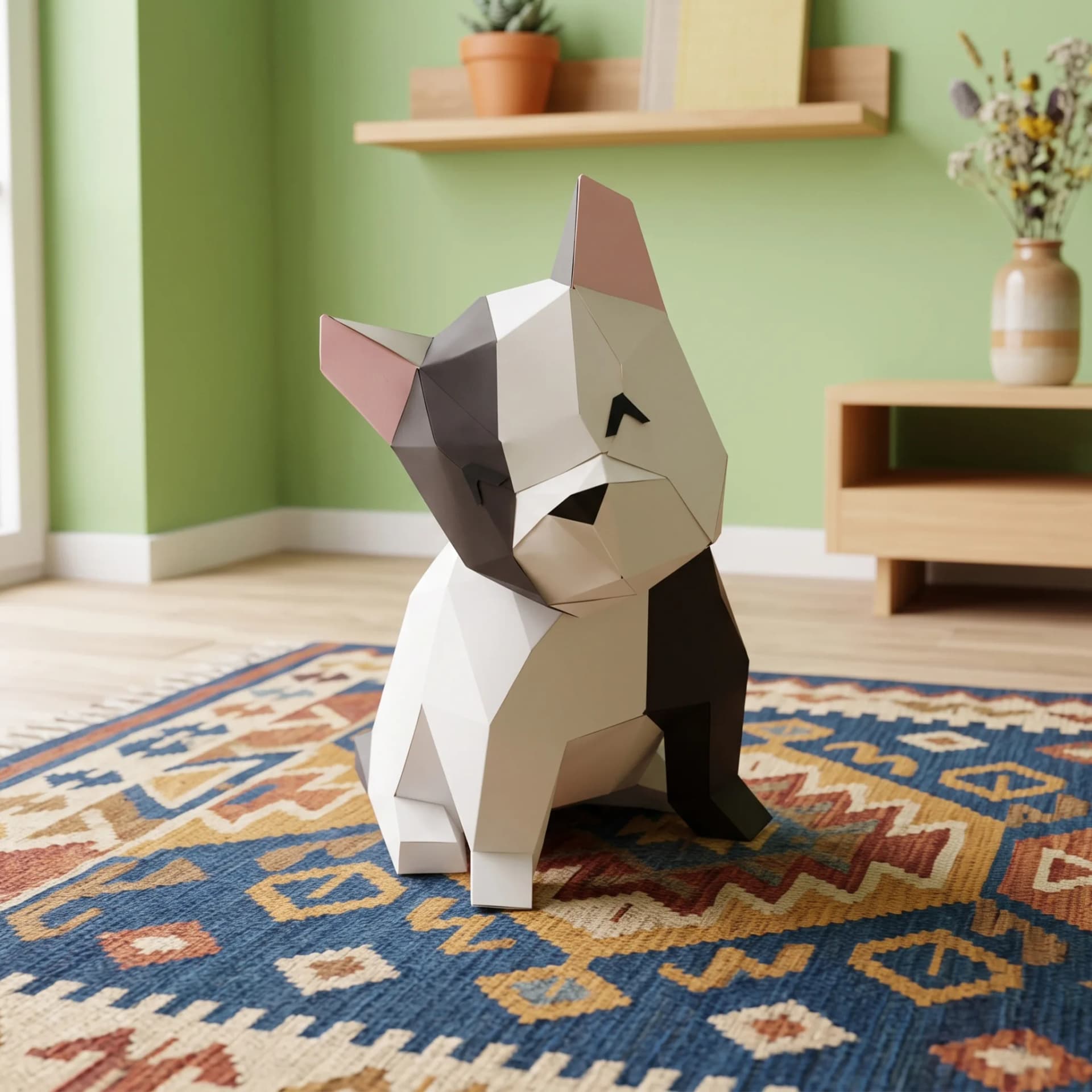 Décoration origami 3D an papier de bouledogue assis blanc et marron sur le tapis d'un salon devant un canapé
