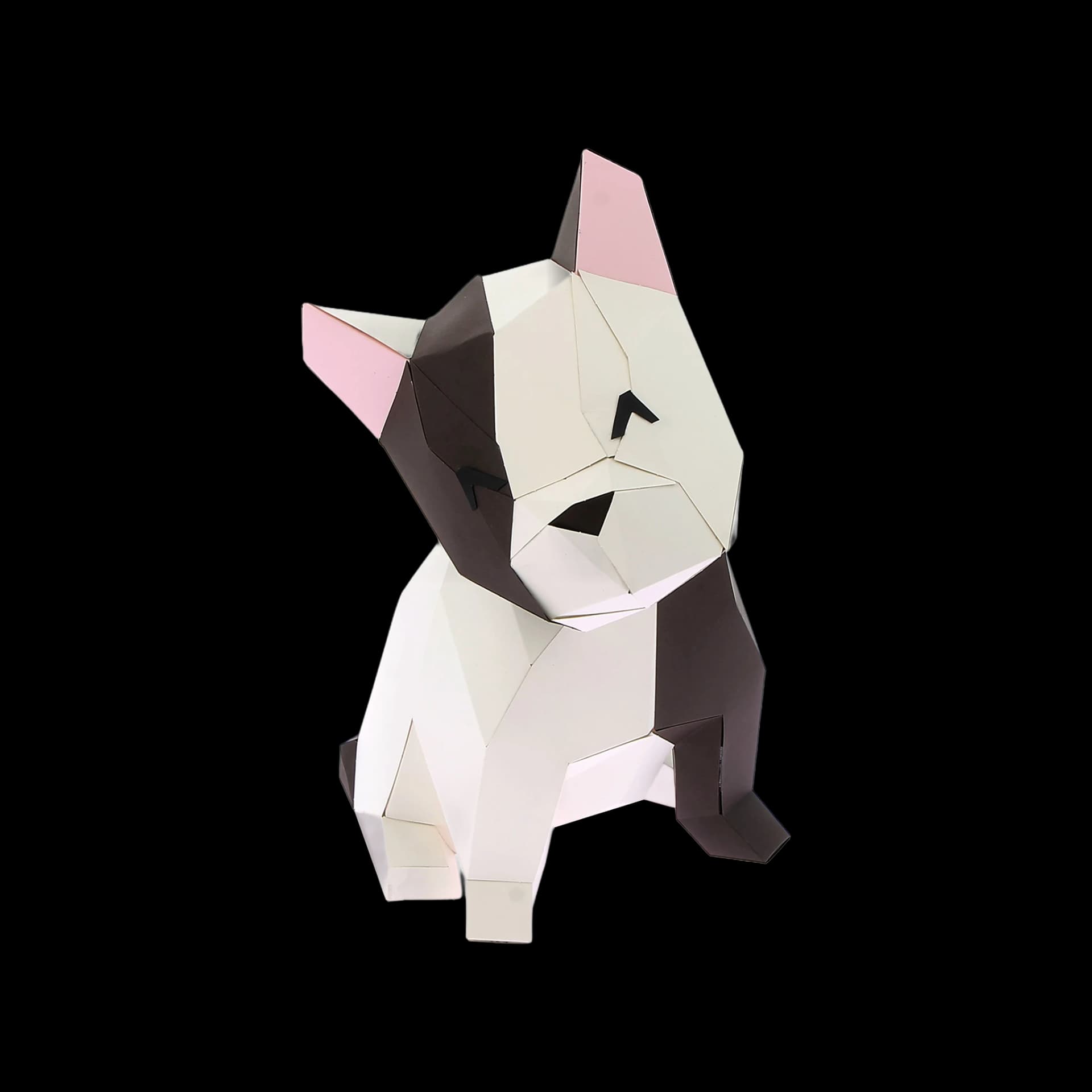 Décoration origami 3D en papier de bouledogue assis blanc et marron