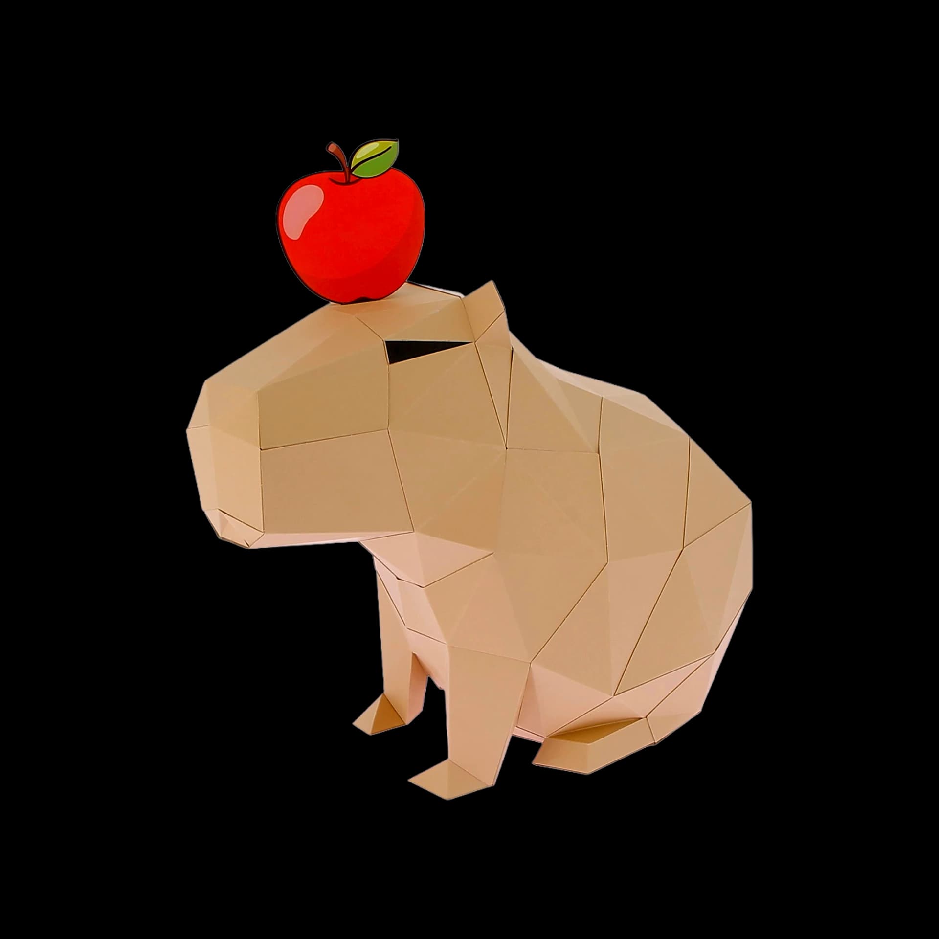 Décoration origami 3D en papier de capybara avec une pomme sur la tête