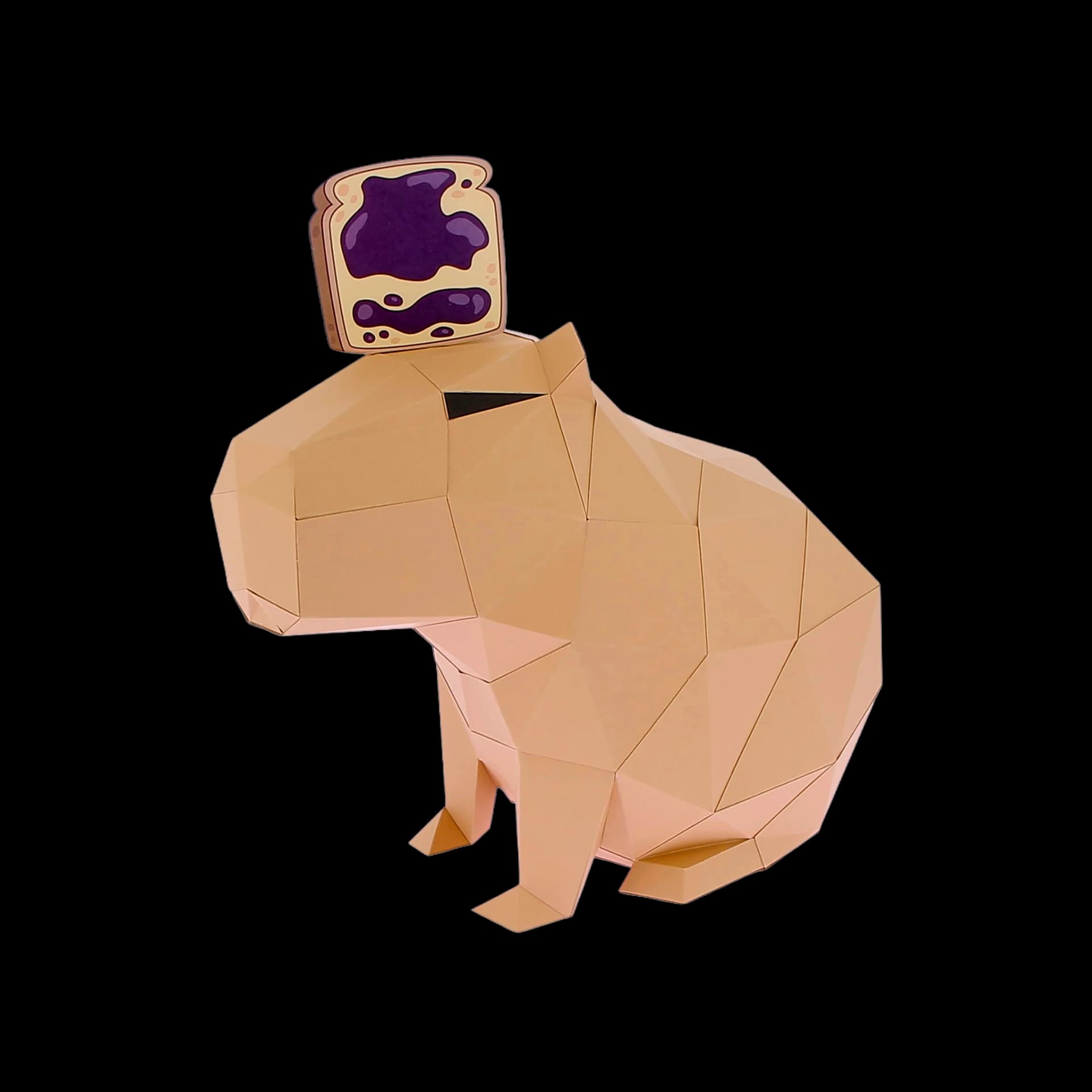 Décoration origami 3D en papier de capybara avec une tartine de confiture sur la tête
