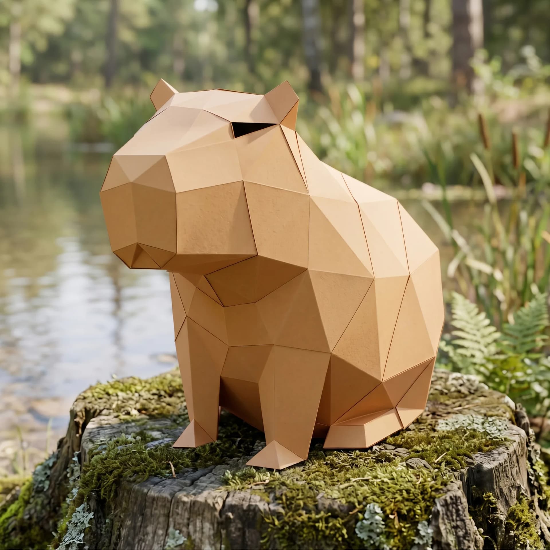 Décoration origami 3D en papier de capybara avec une pomme sur la tête devant une rivière dans la fôret