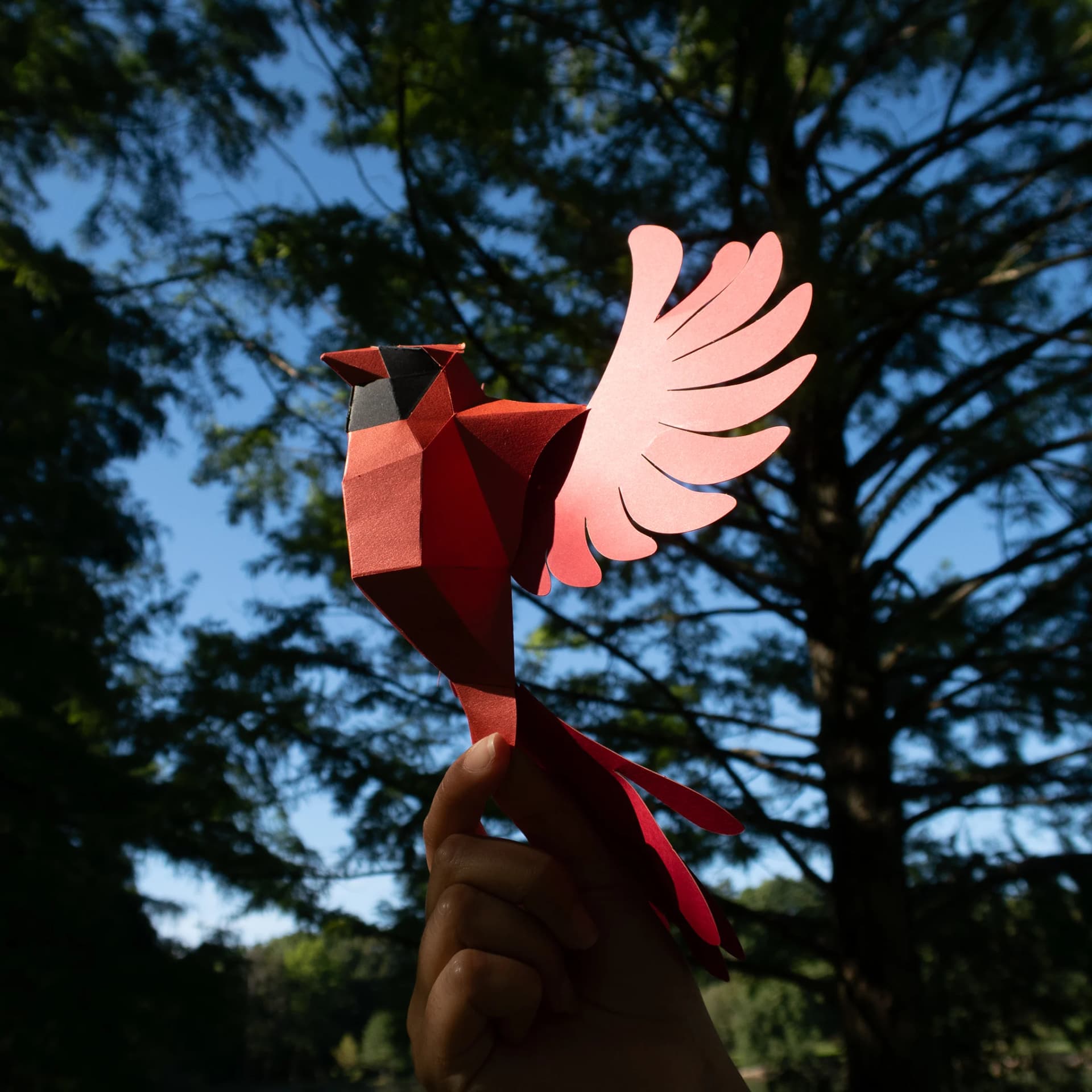 Décoration origami 3D en papier de cardinal rouge tenue dans une main au milieu des arbres