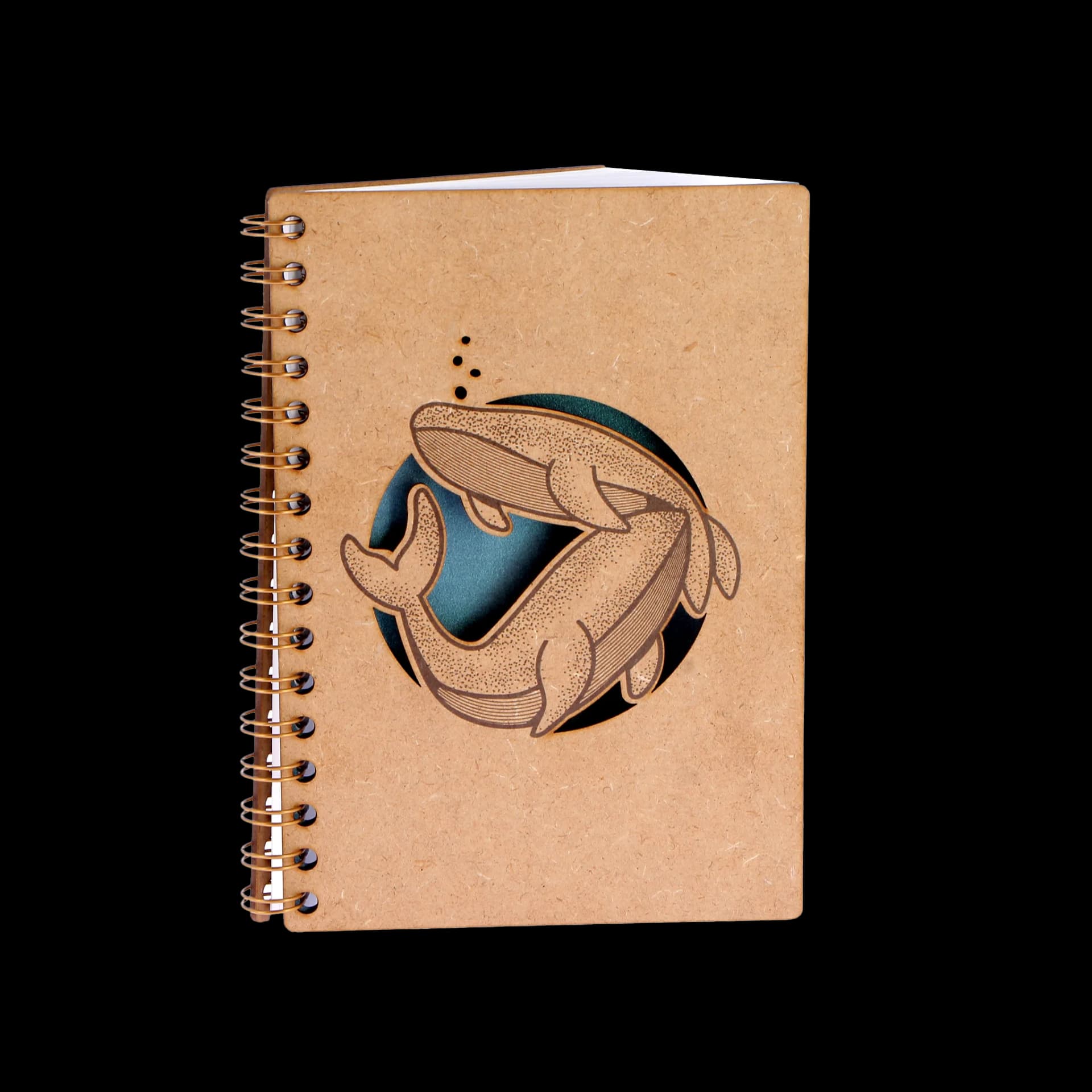 Papeterie couverture en bois de carnet marin baleine