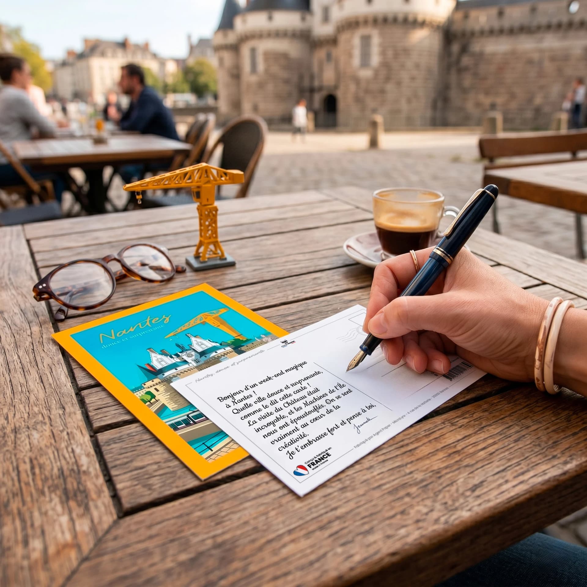 Papeterie carte postale ESCAPADE Douce et surprenante posée sur une table avec une main tenant un stylo