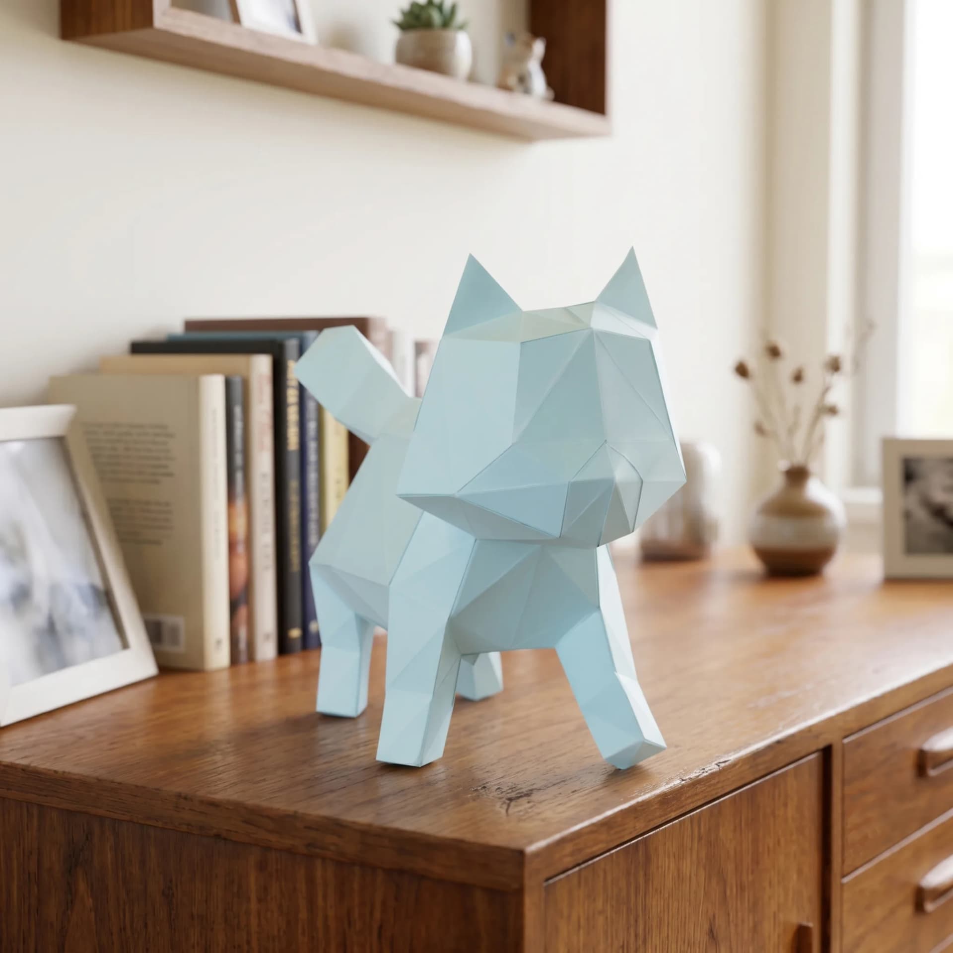 Décoration origami chat en papier 3d CHLOROPHYLLE sur une commode devant des livres