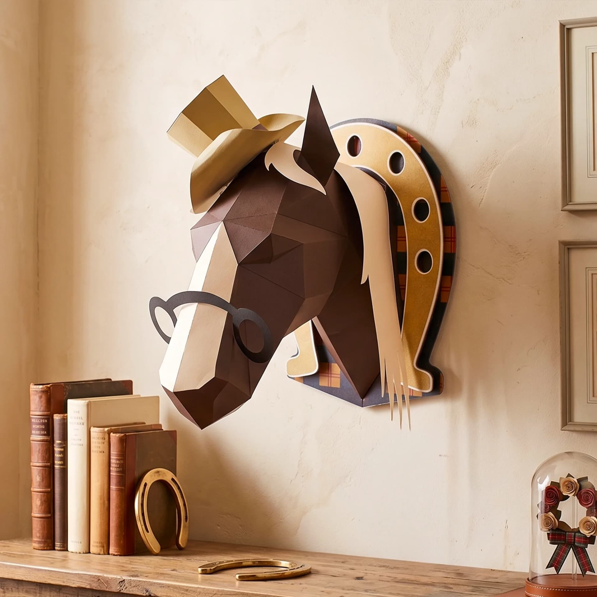 Décoration origami Cheval en papier 3D Marron en situation