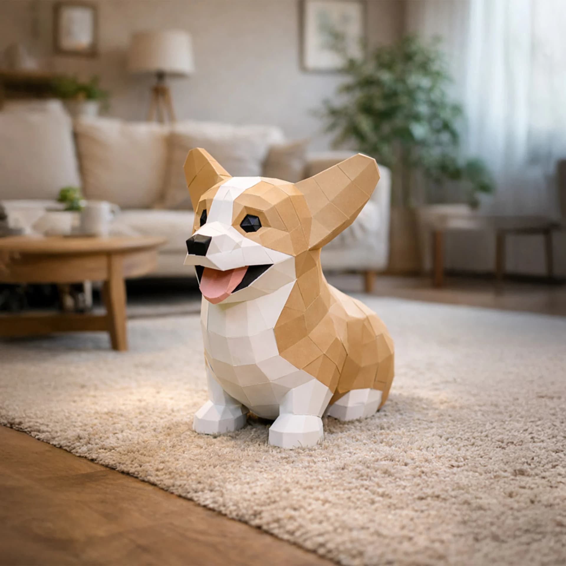 Décoration origami corgi en papier blanc et marron sur un tapis dans un salon