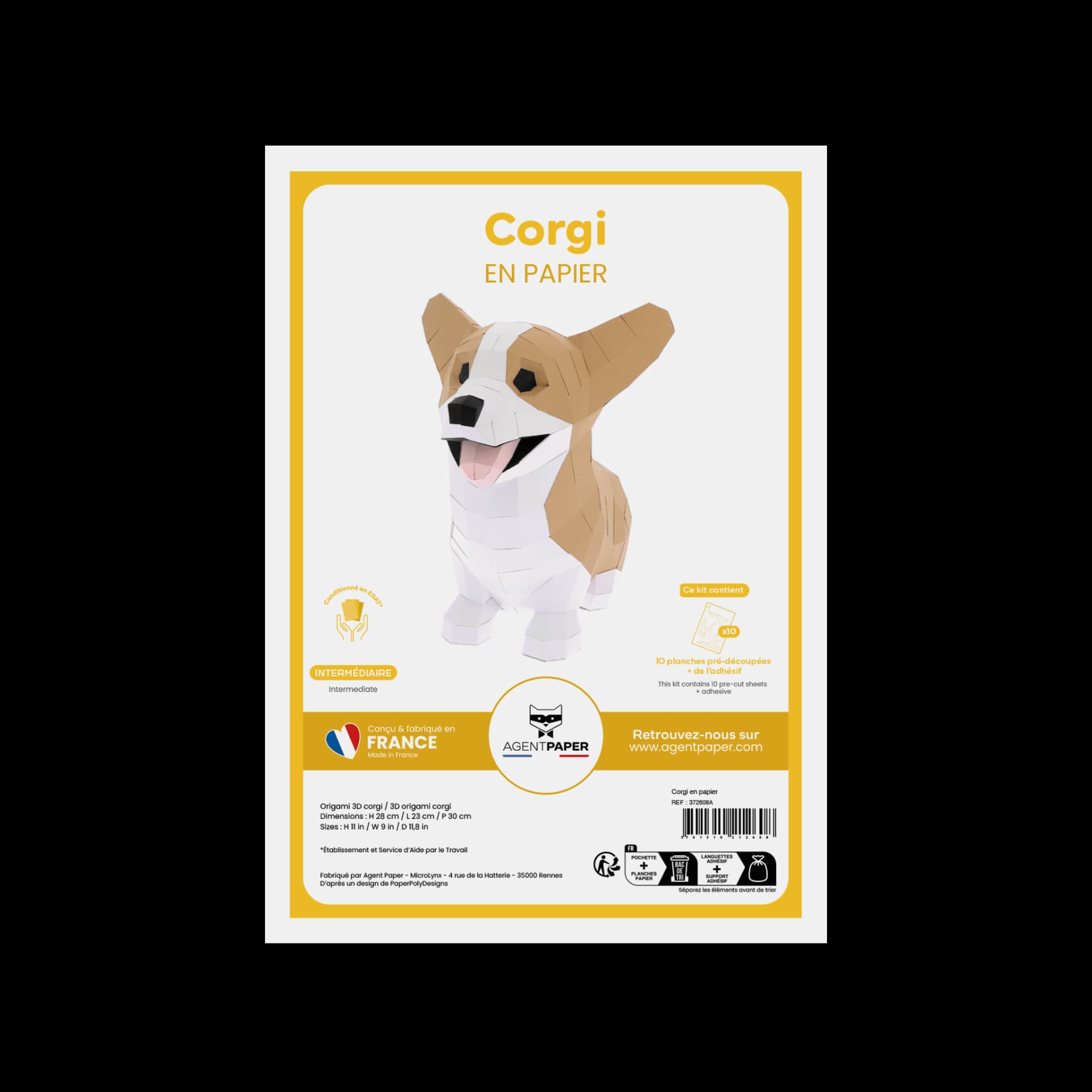 Packaging fermé de corgi en papier blanc et marron