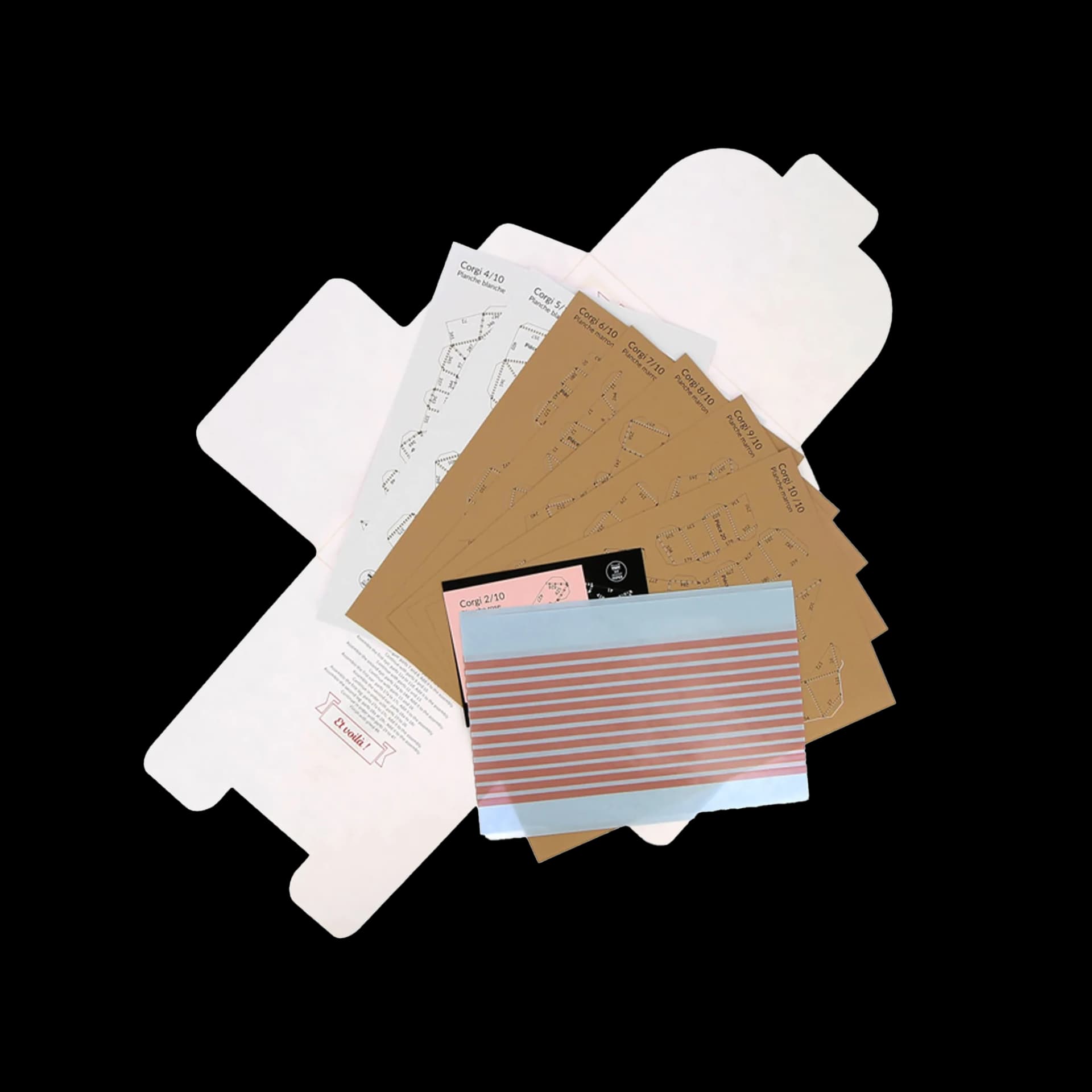 Packaging ouvert de corgi en papier blanc et marron