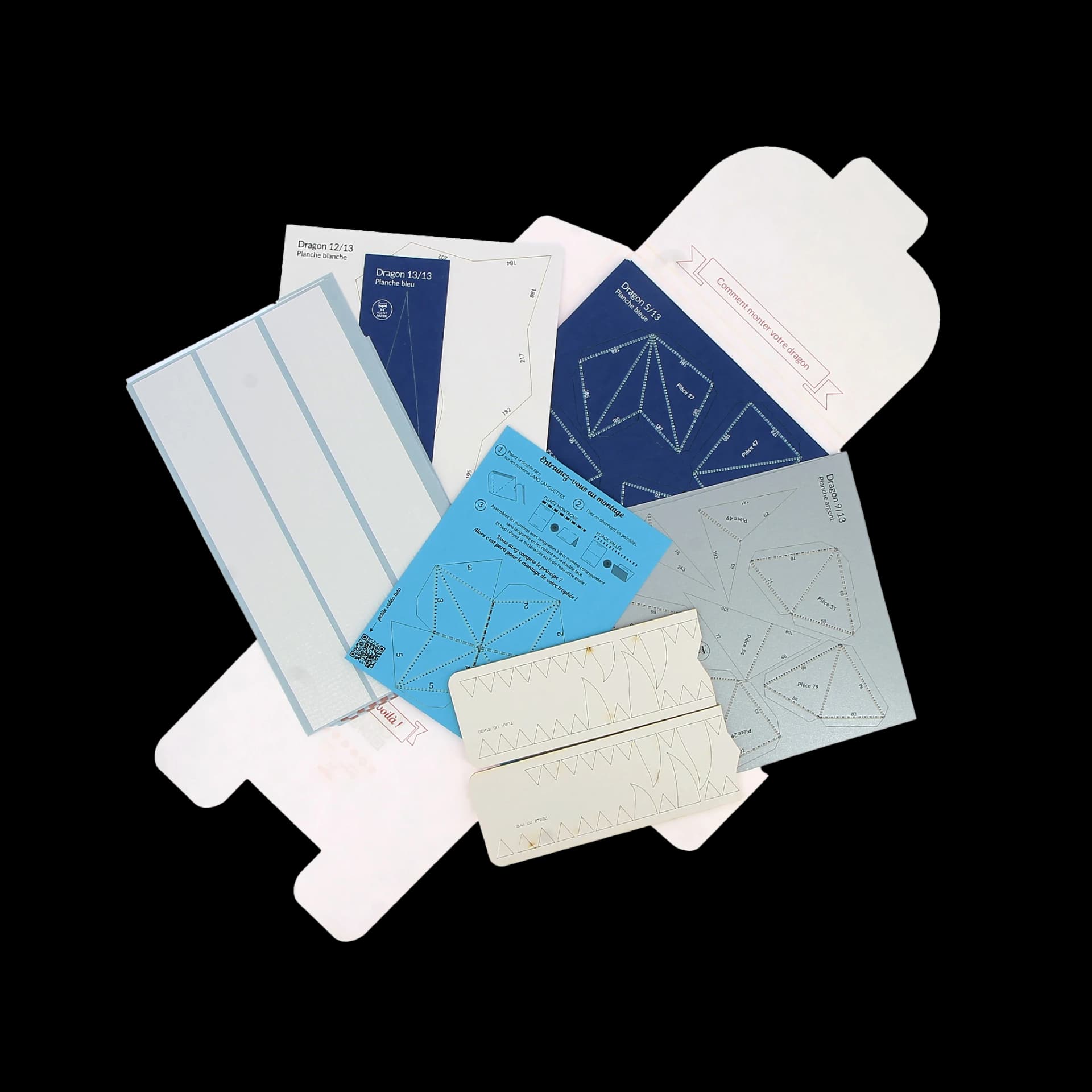 Packaging ouvert de dragon en papier bleu & argent
