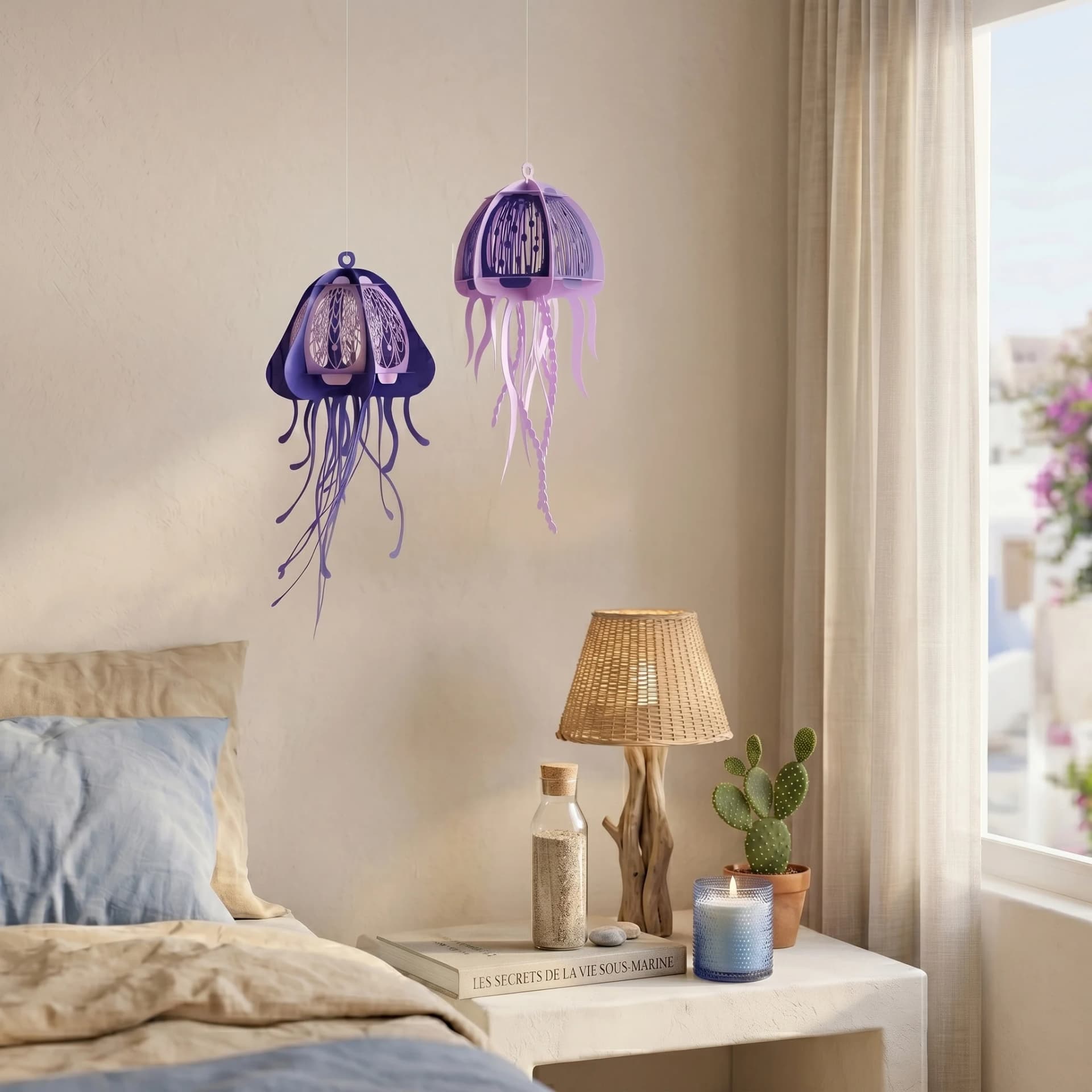 Décoration origami duo de méduse en papier ABYSSE suspendues dans une chambre