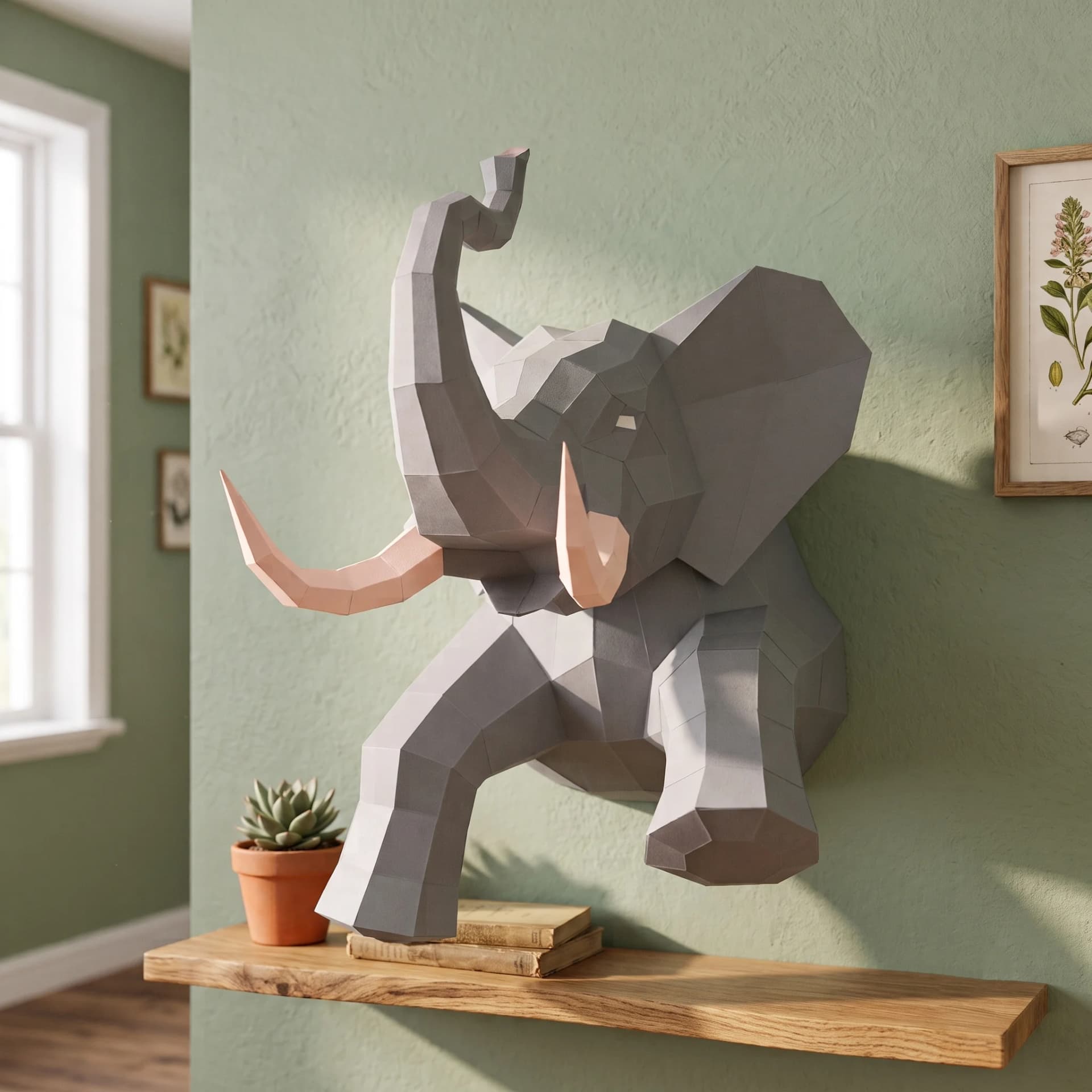 Décoration origami éléphant en papier 3D Gris posé sur un mur ver au dessus d'une étagère en bois