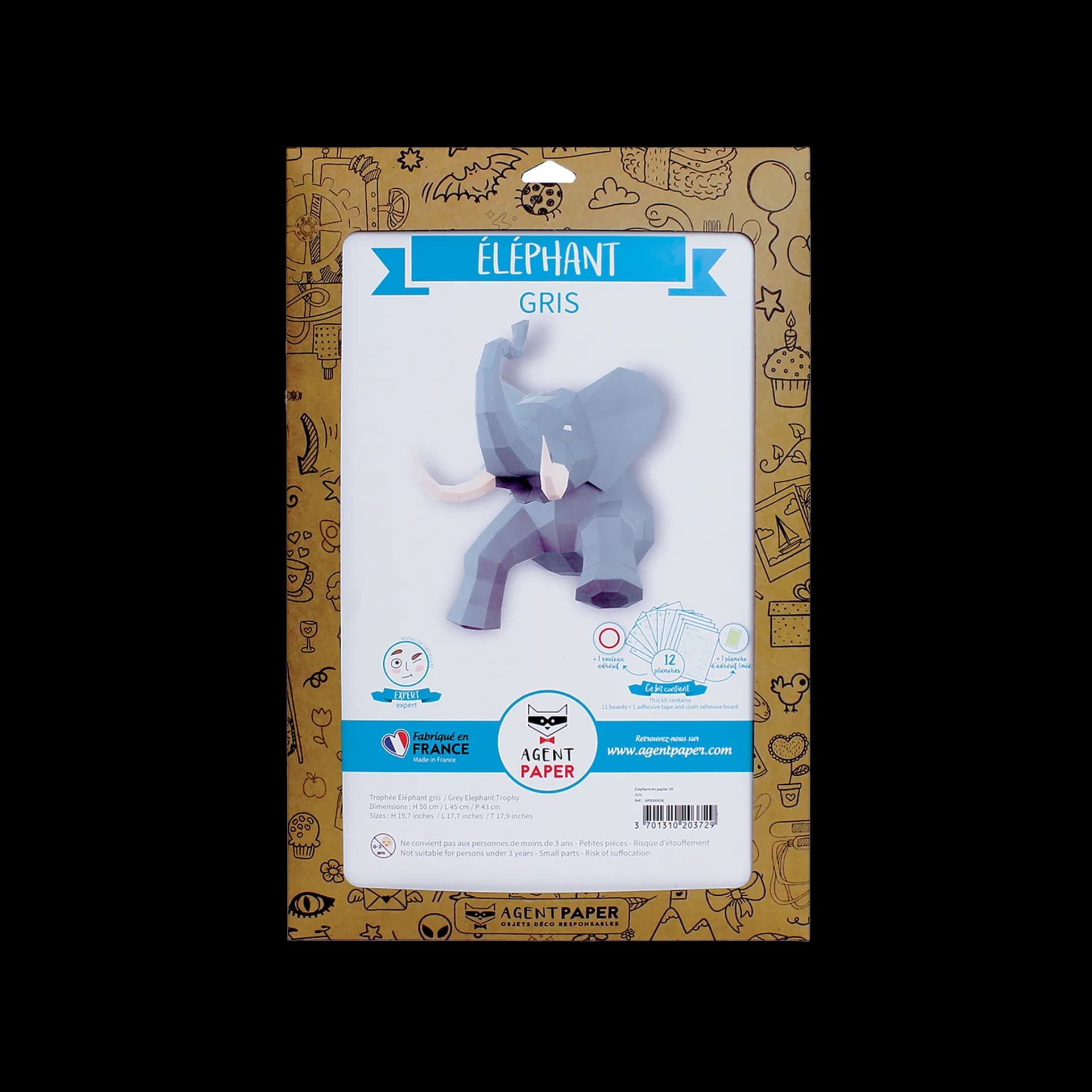 Packaging fermé de éléphant en papier 3D Gris