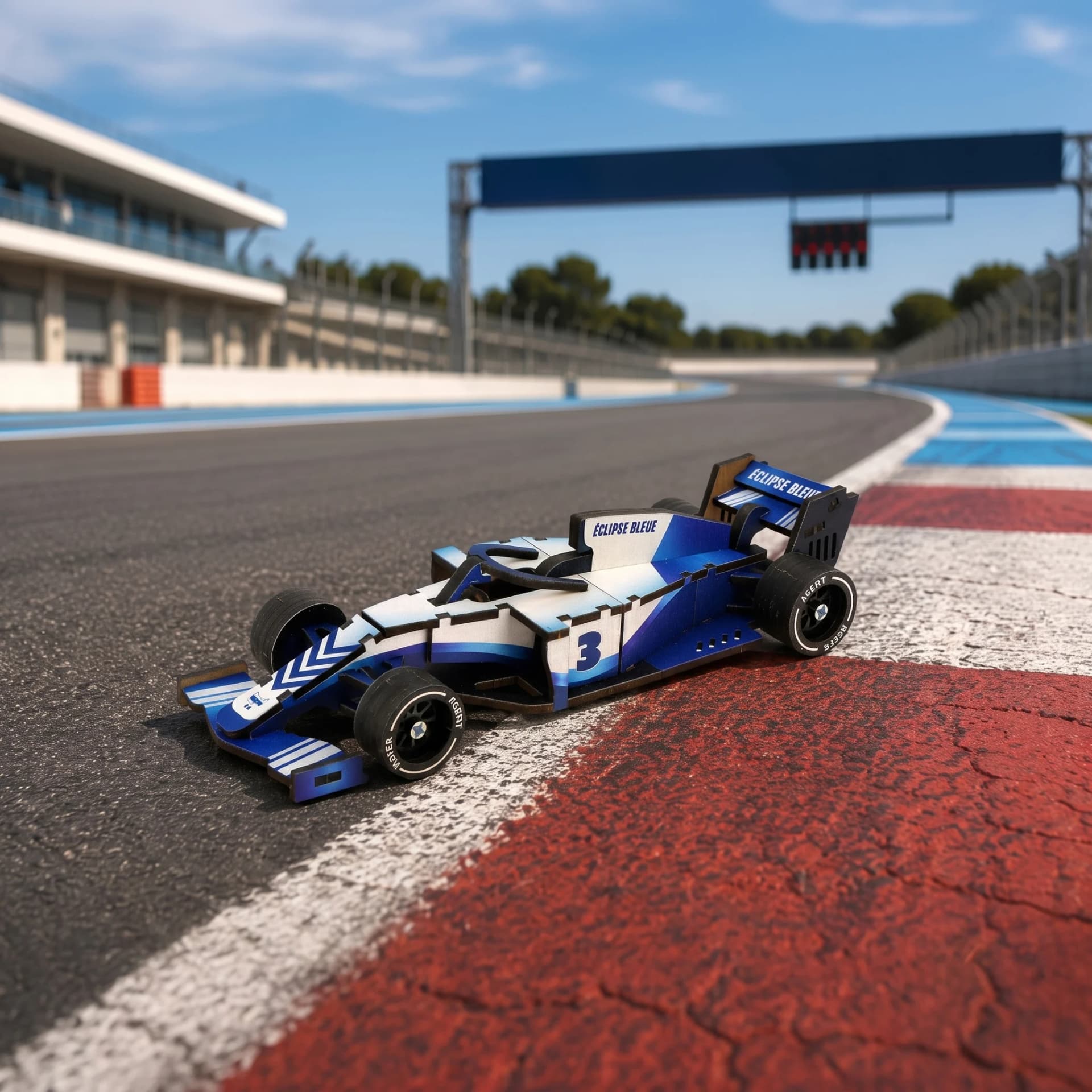 Formule 1 en bois Eclipse bleue en situation