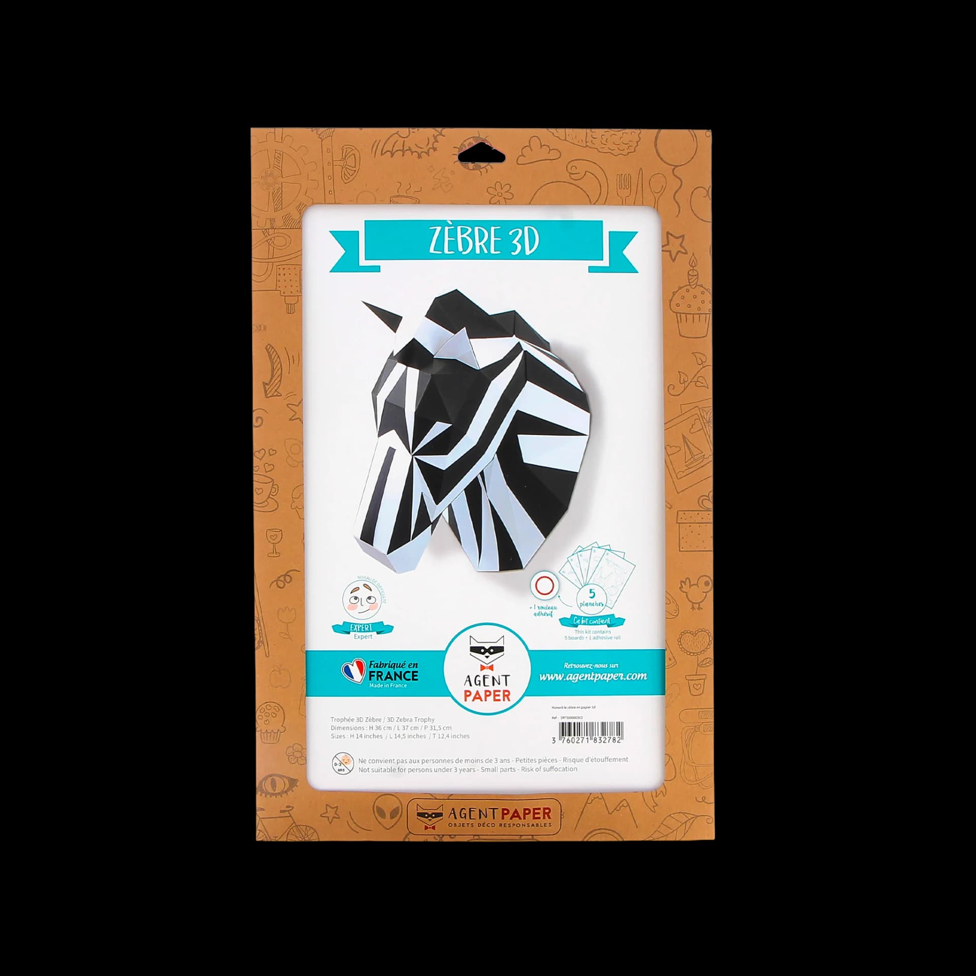 Packaging de Honoré le zèbre en papier 3d
