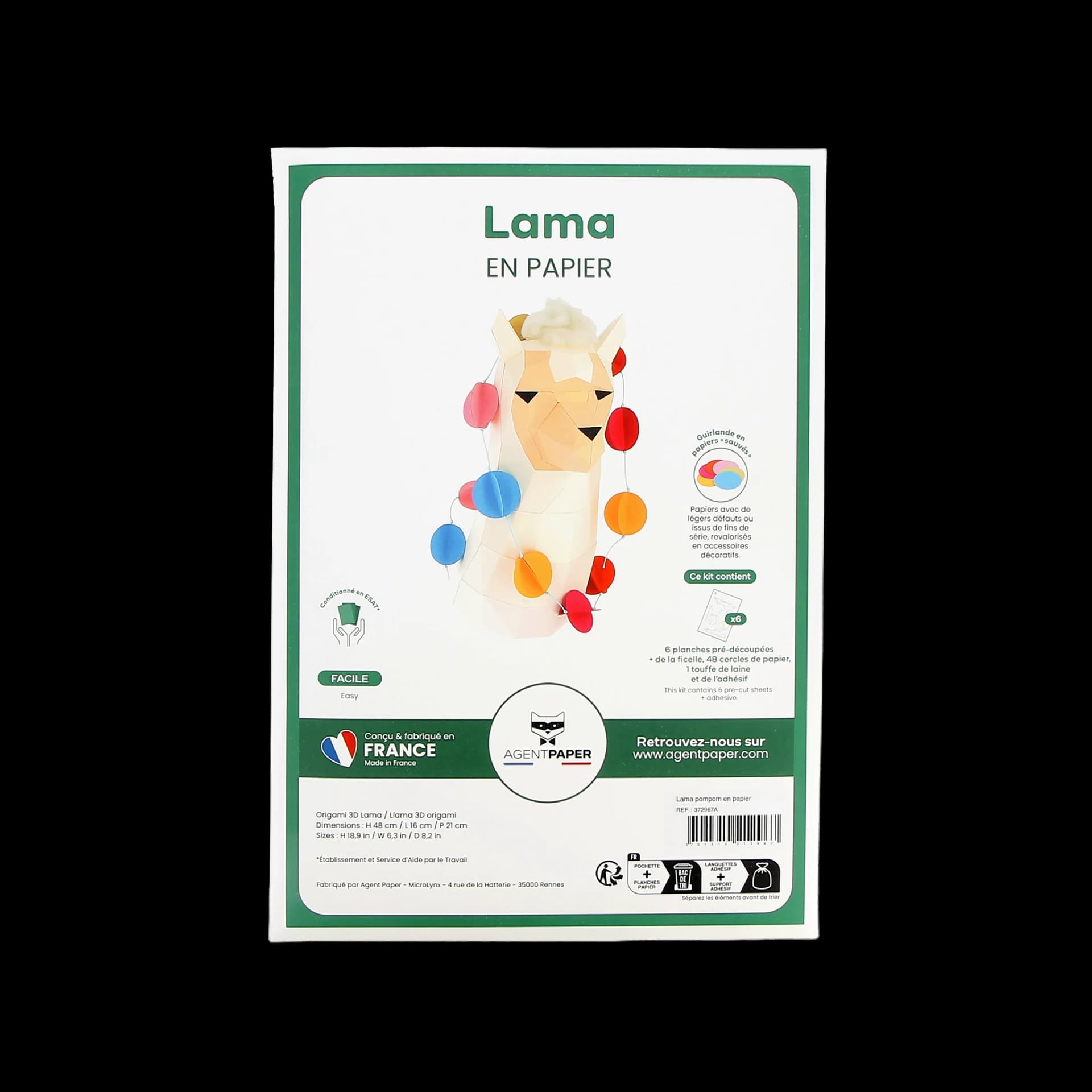 Pochette fermée, kit de lama en papier avec pompon