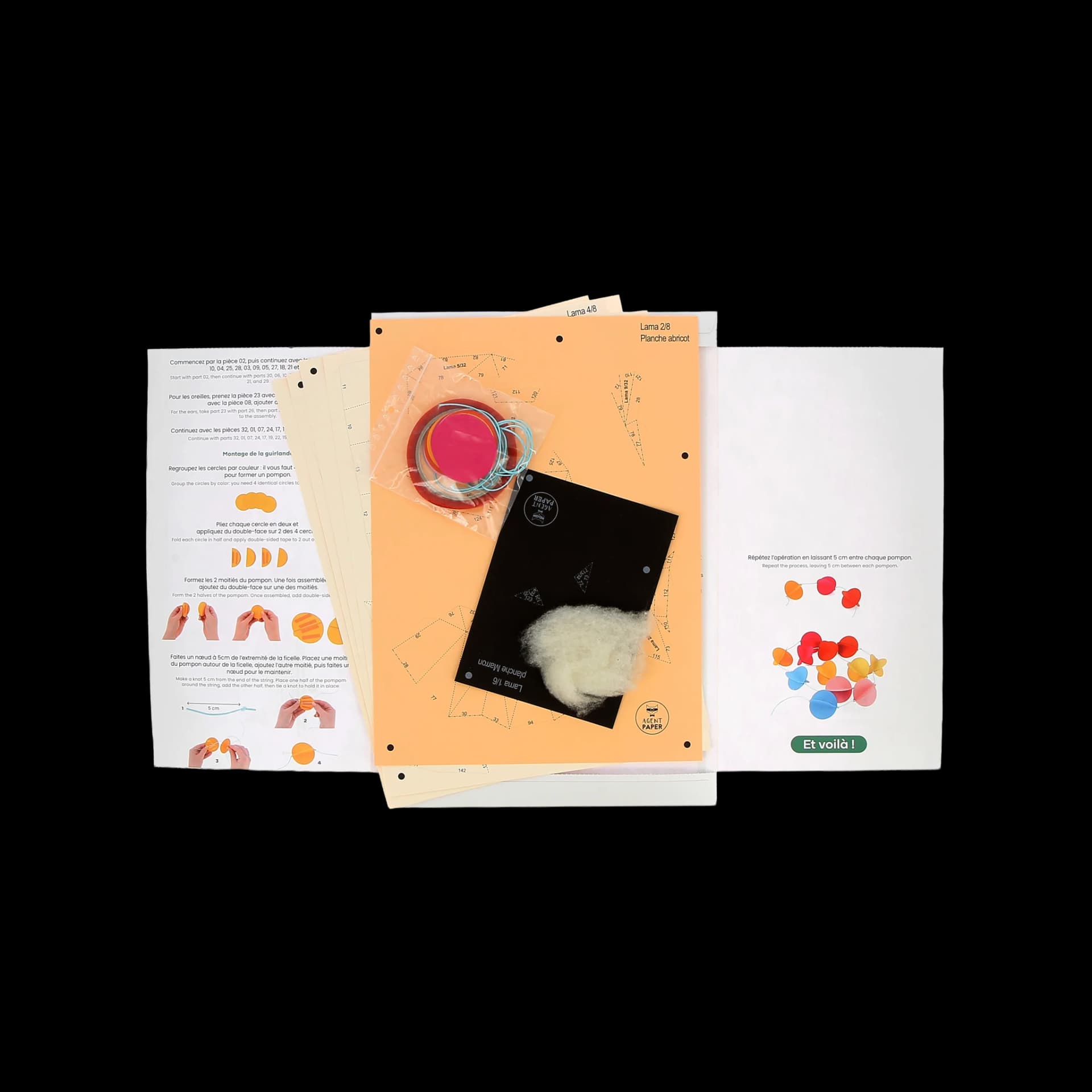 Pochette ouvert, kit de lama en papier avec pompon