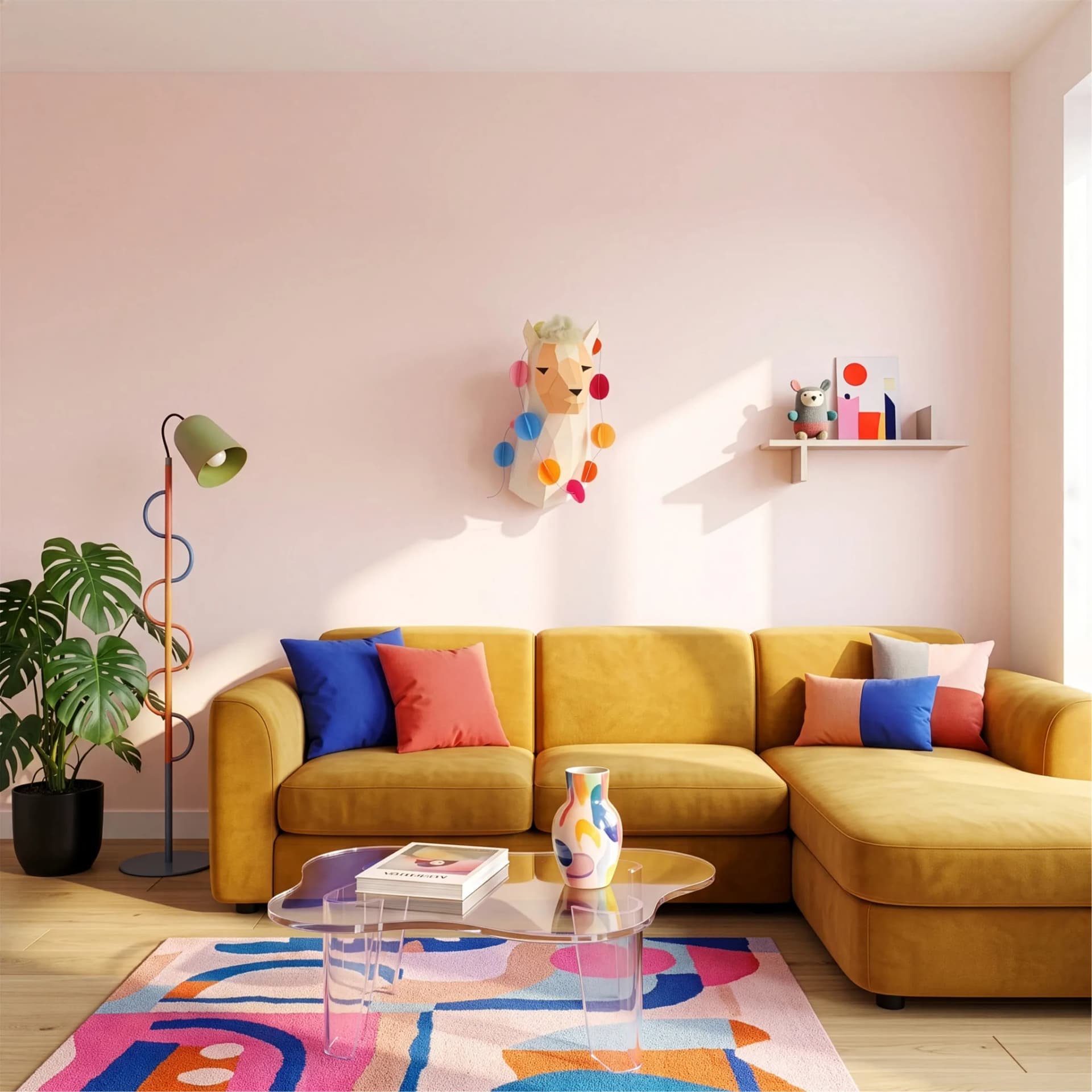 Tête de lama en papier 3D accrochée à un mur d'un salon coloré