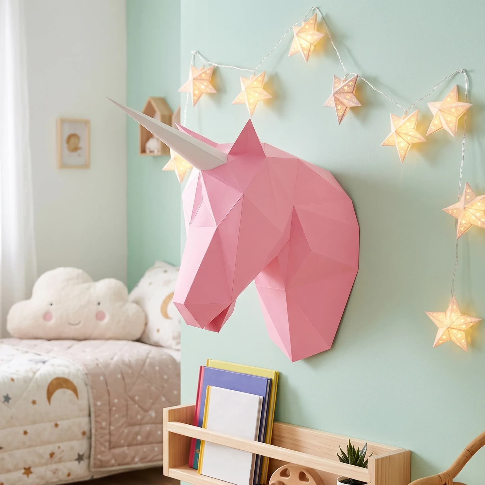 Licorne en papier Rose posée sur un mur turquoise dans une chambre d'enfant