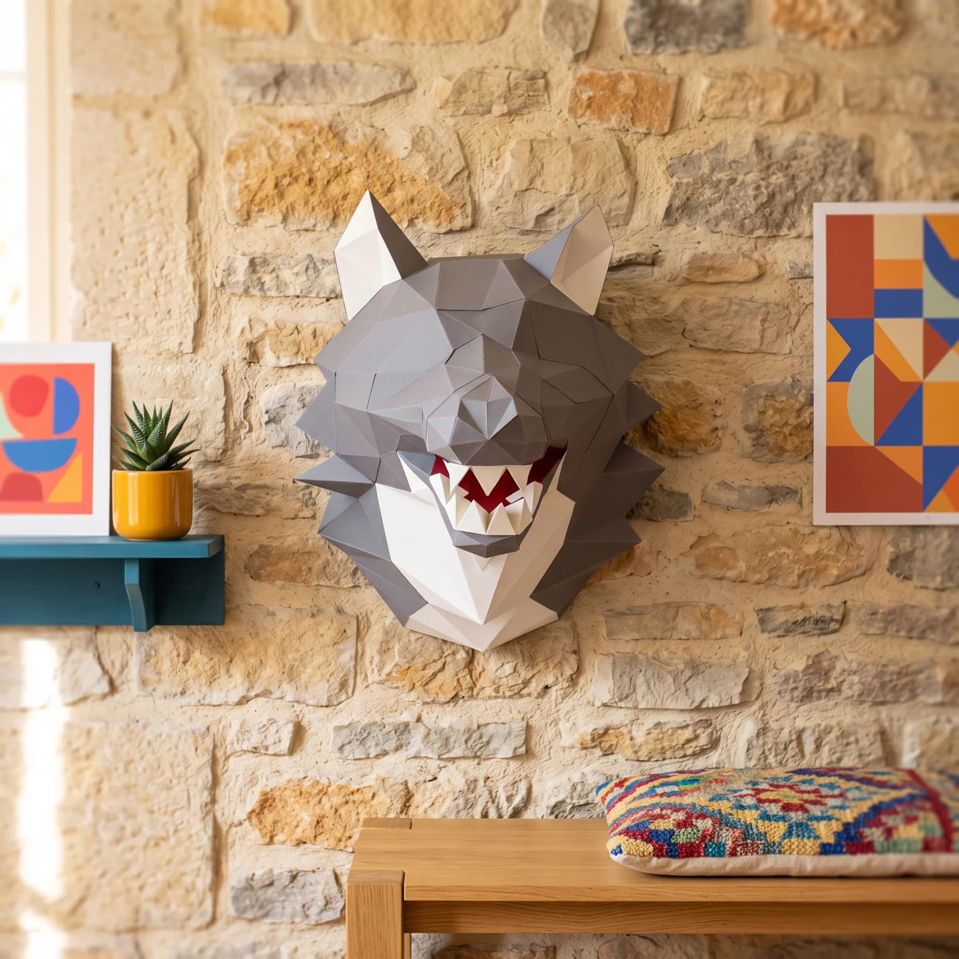 Décoration origami loup en papier posé sur un mur