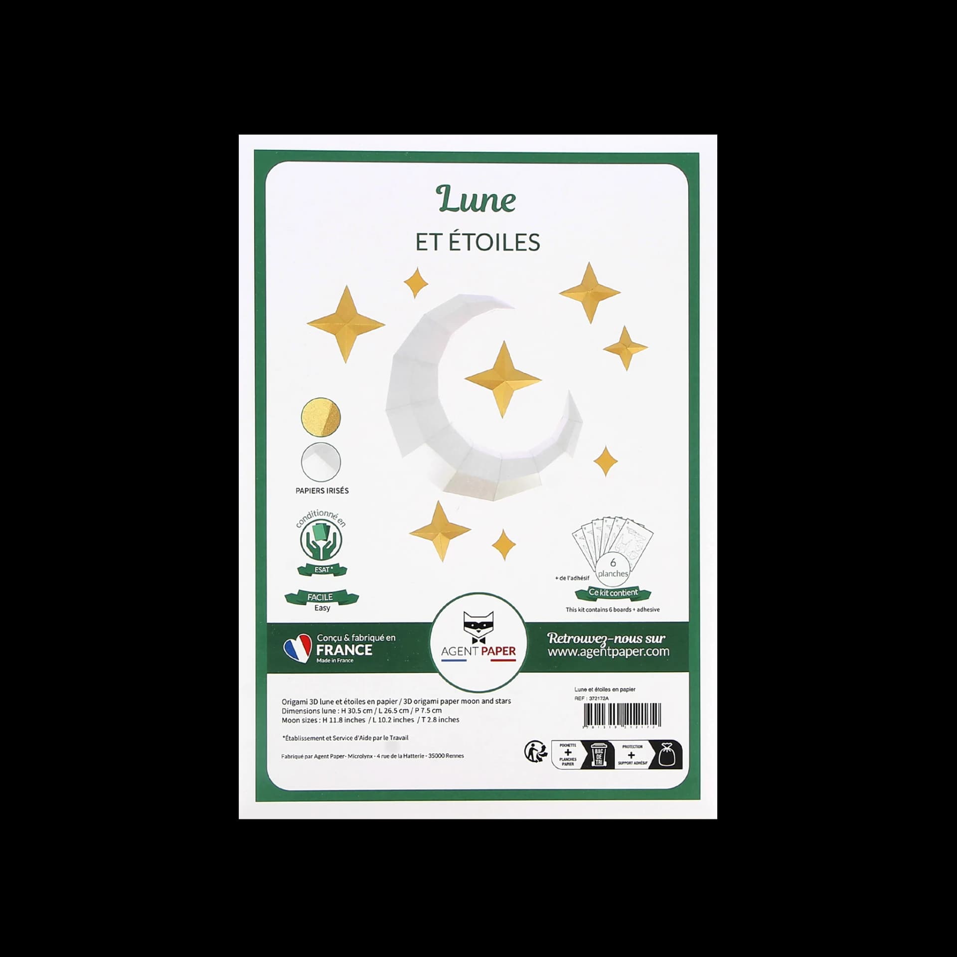 Packaging fermé de Lune et étoiles en papier blanc et dore