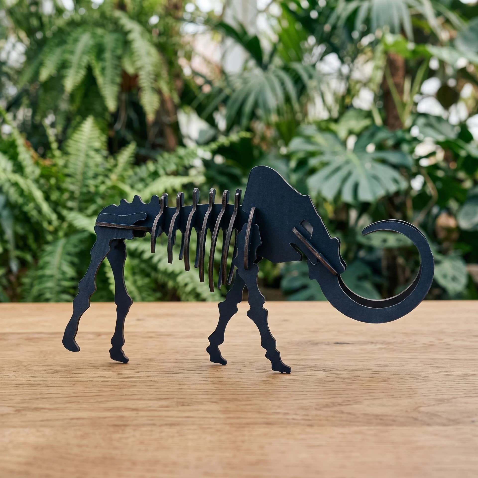 Décoration mammouth en carton posé sur une table en bois devant de la végétation