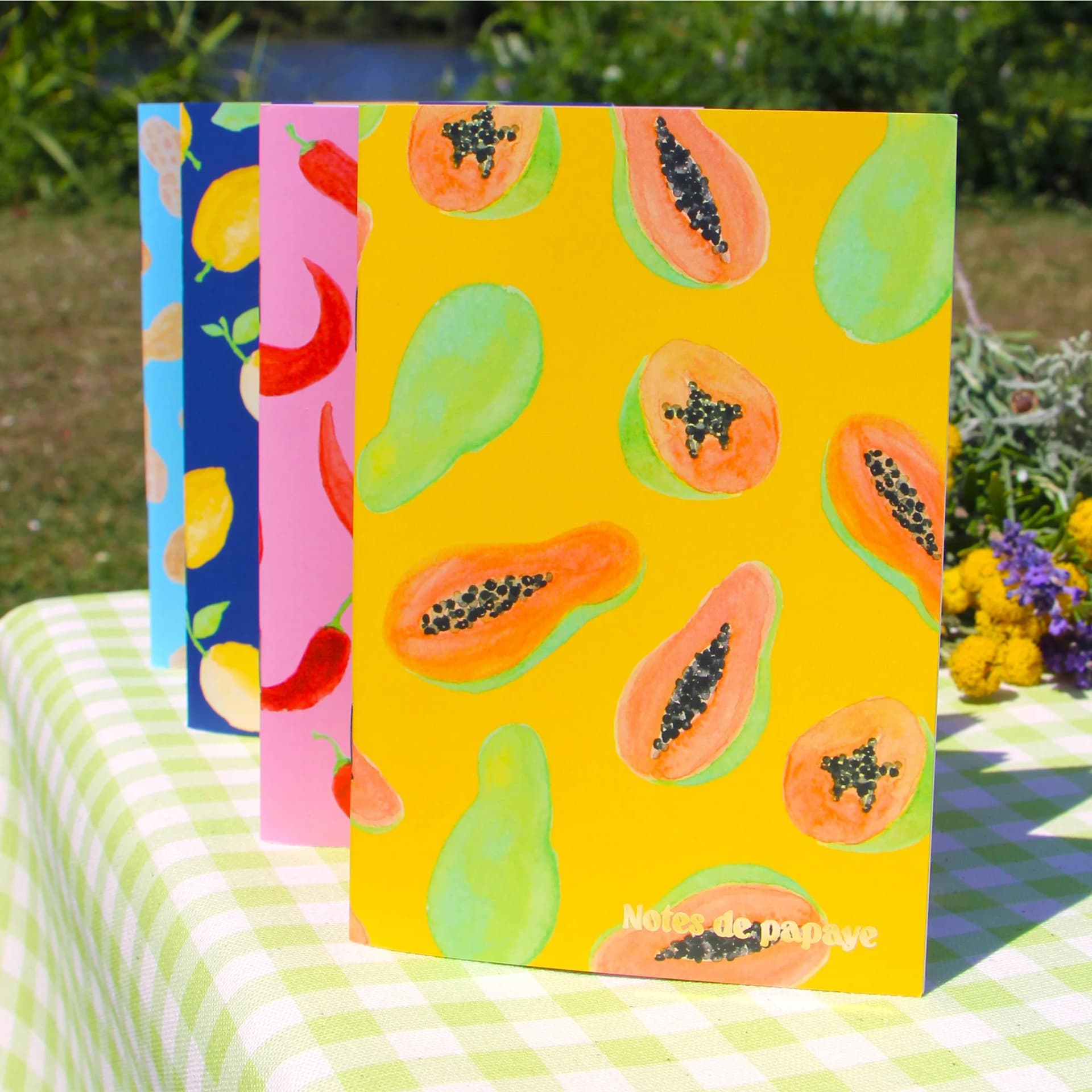 Mini carnet aquarelle 4 fruits sur une nappe quadrillée dans un jardin
