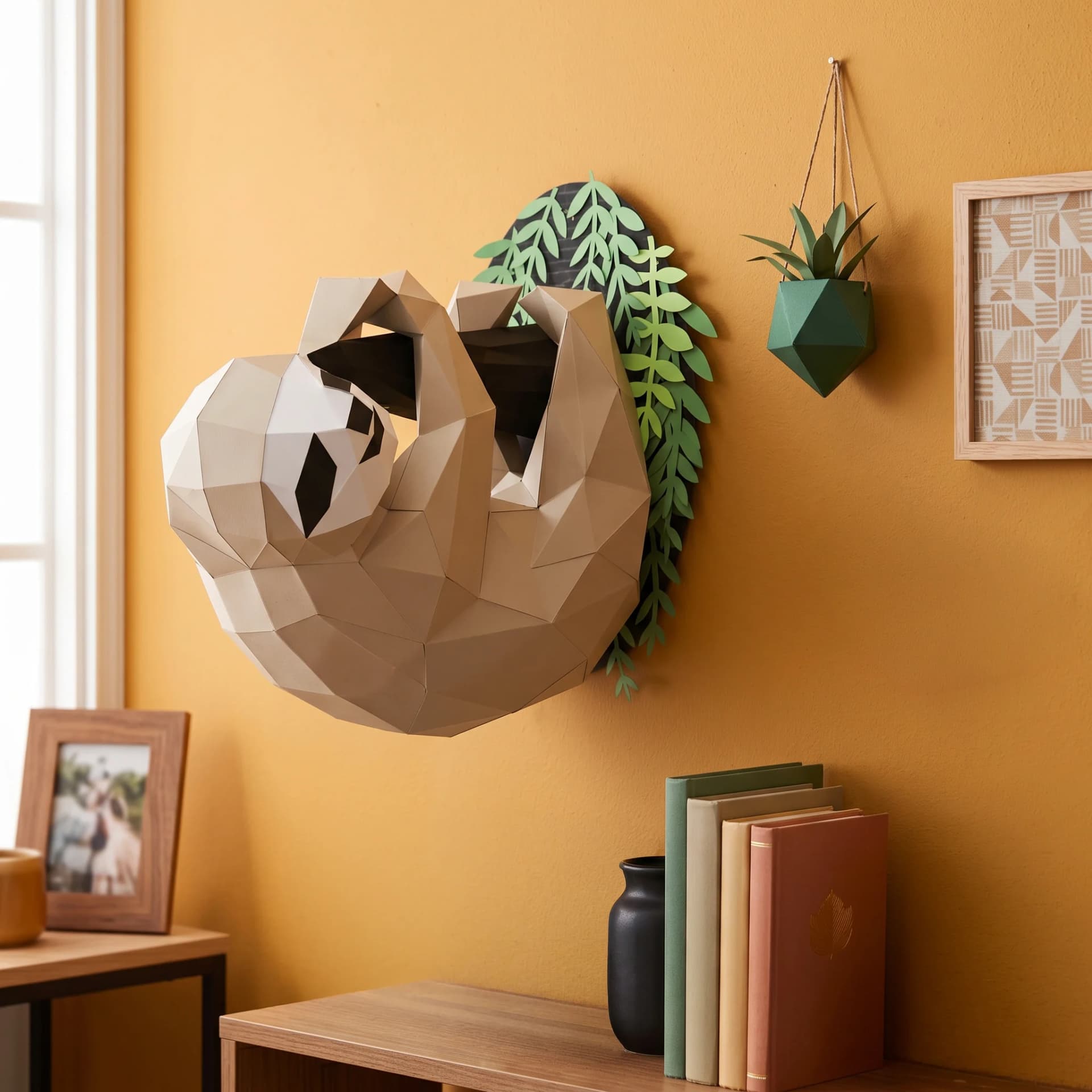 Paresseux en papier 3D Beige en situation