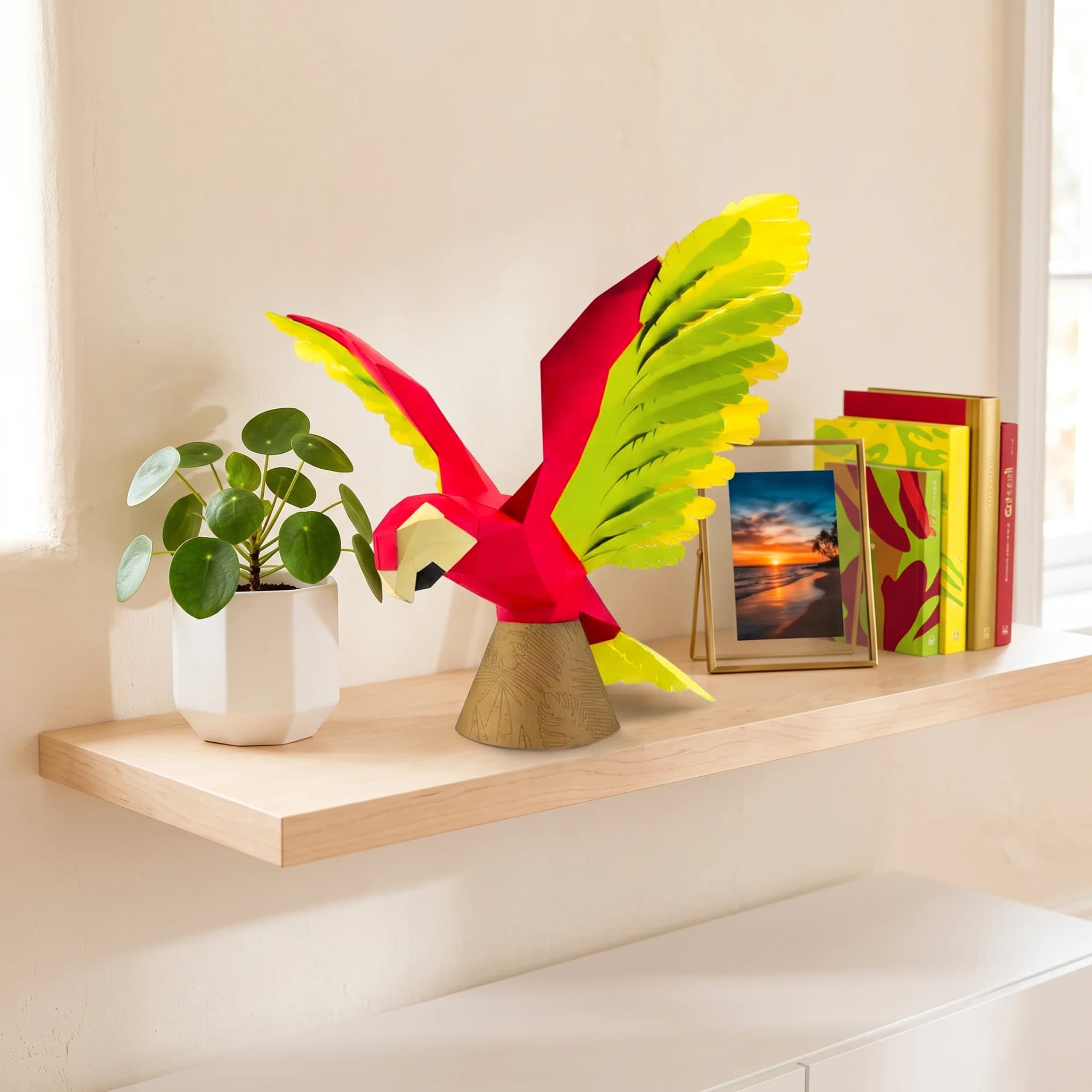 Perroquet en papier 3D Vert et rouge en situation