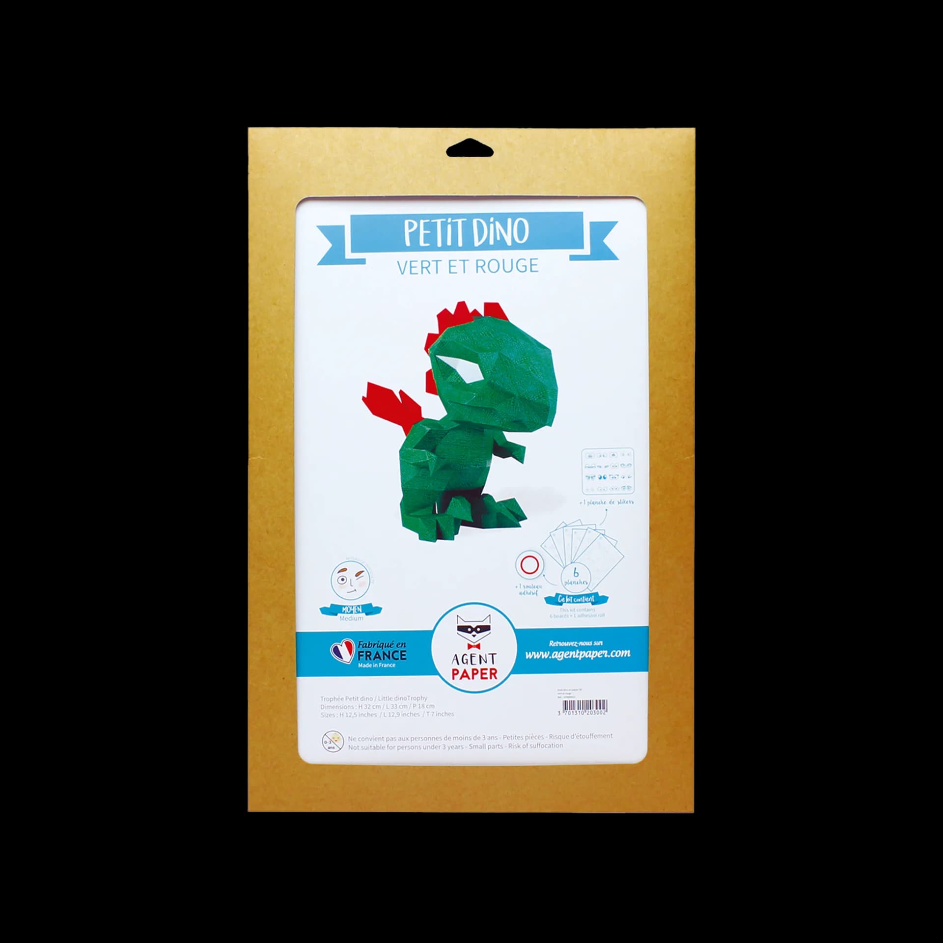 Packaging fermé de Petit dino en papier Vert et rouge