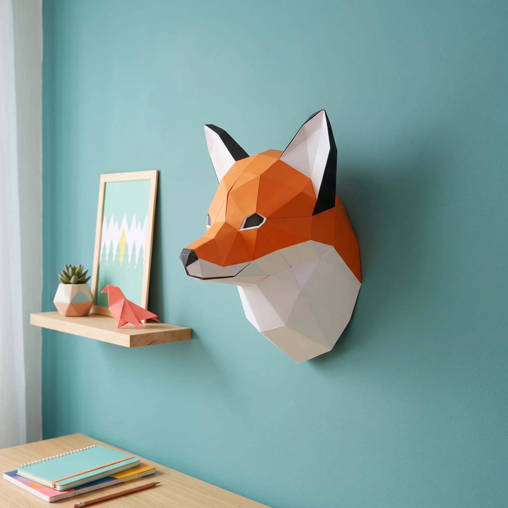 Décoration origami Petit renard en papier posé sur un mur bleu à côté d'une étagère