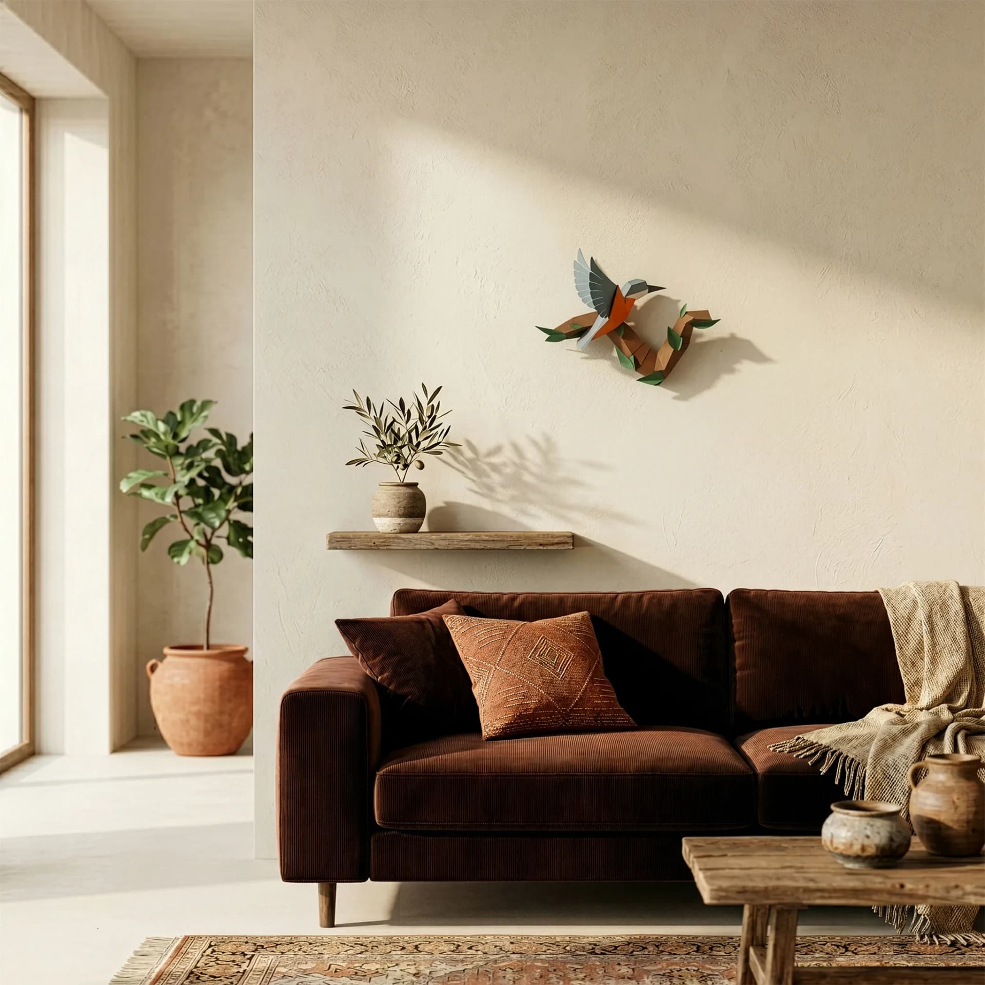 Décoration origami Petite branche en papier posée au mur dans un salon avec un oiseau