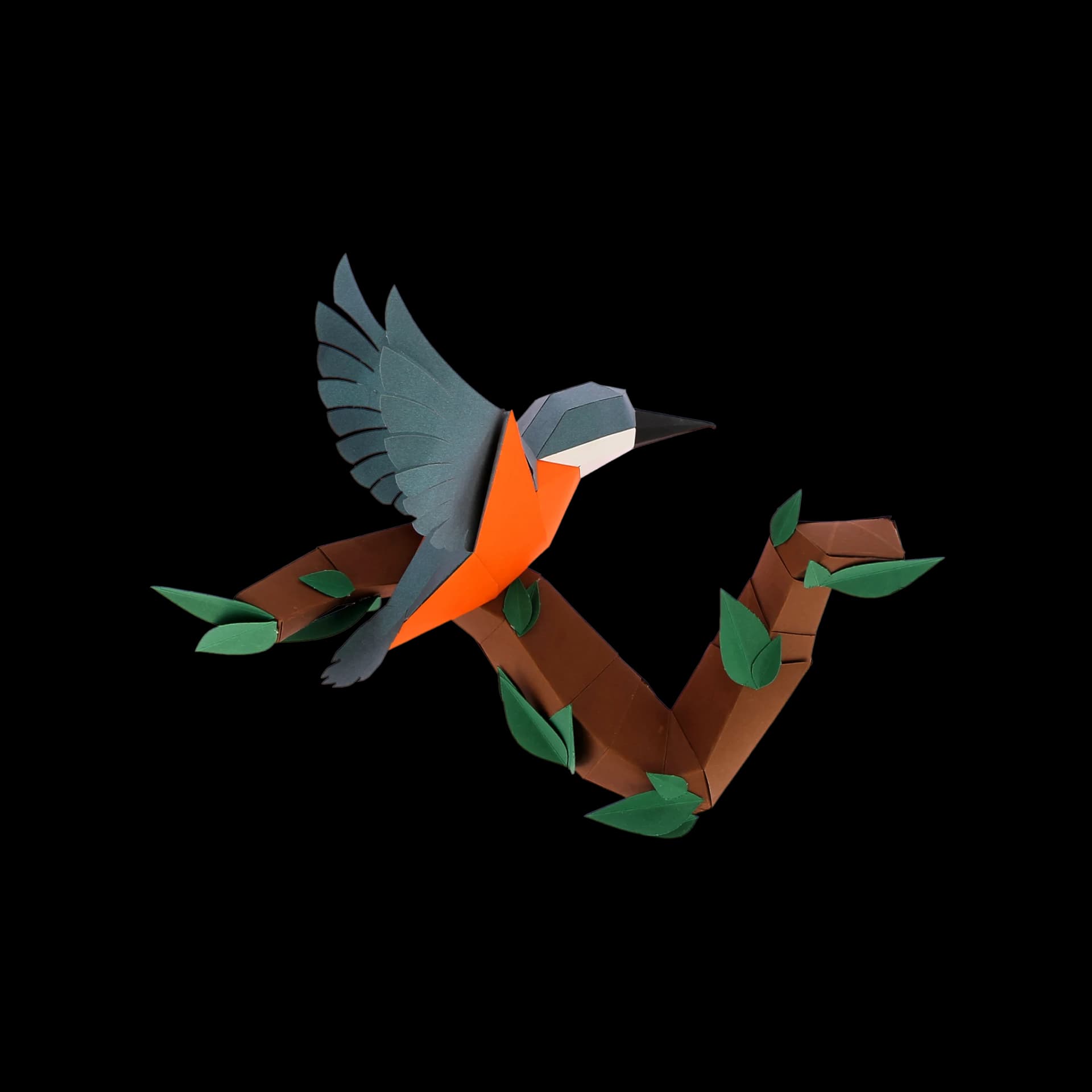 Décoration origami Petite branche en papier avec un martin pêcheur posé dessus