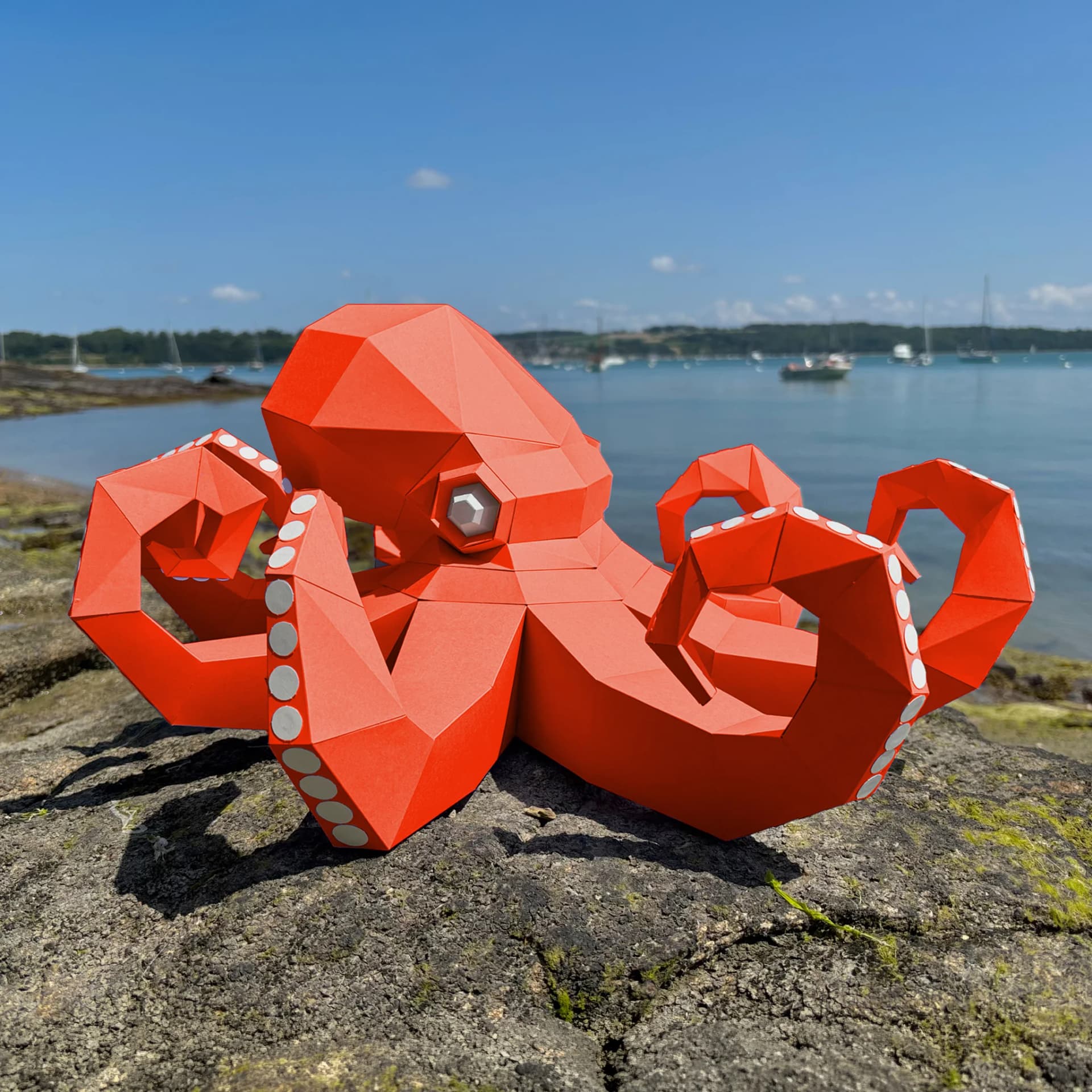 Décoration origami Pieuvre en papier recif posée sur la roche devant la mer