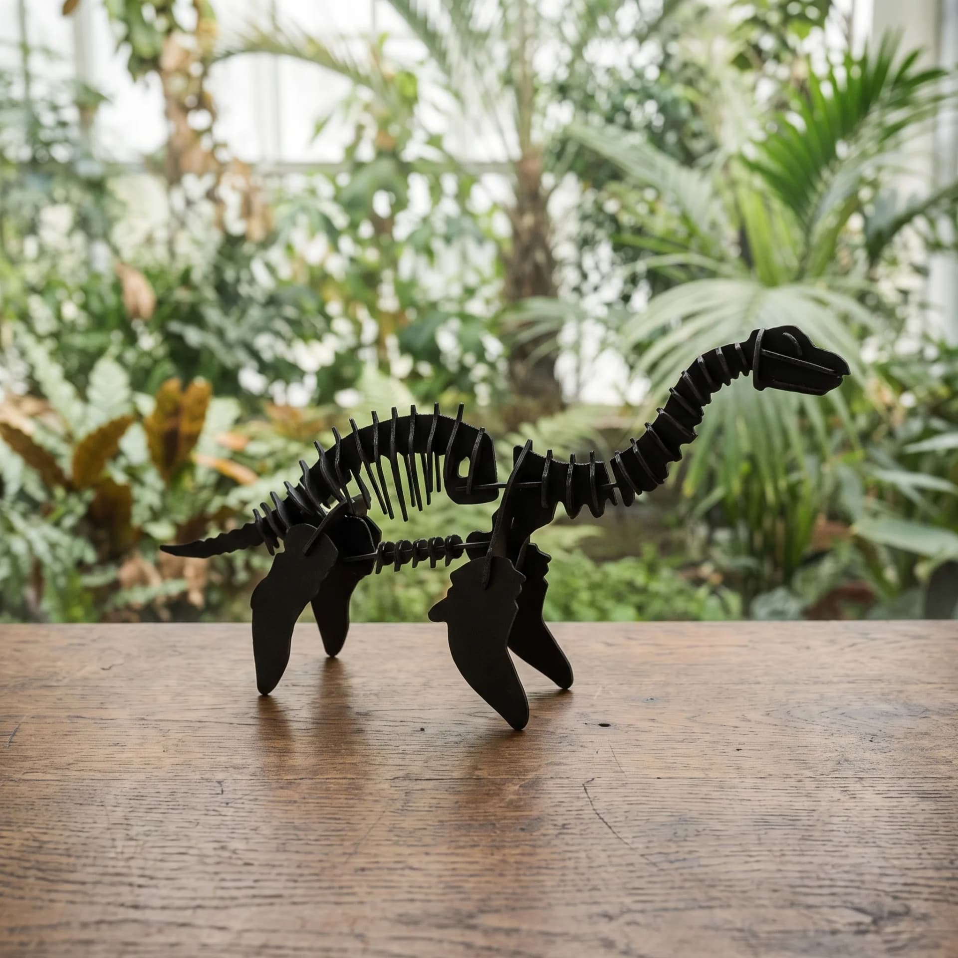 Plesiosaurus en carton posé sur une table en bois devant de la végétation