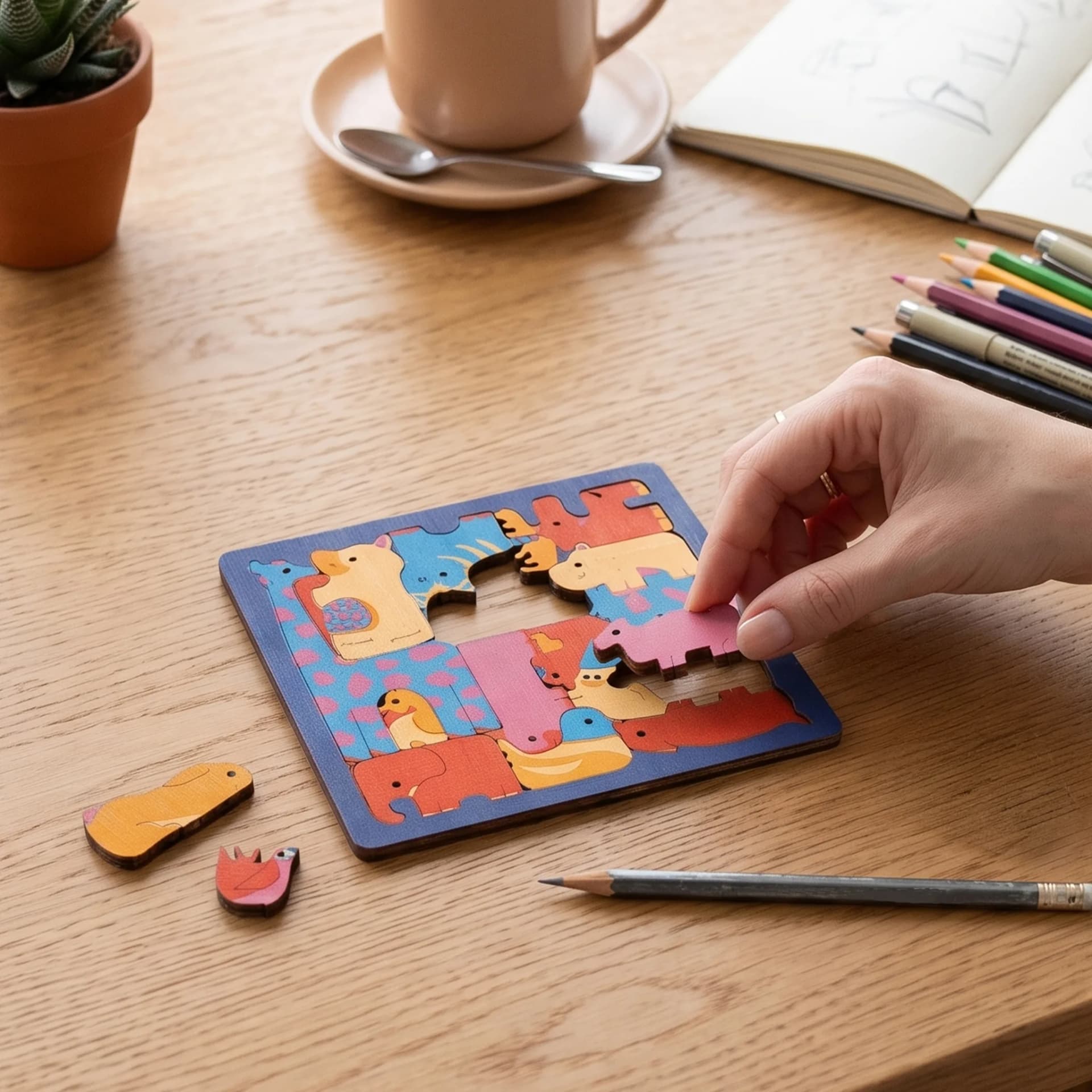 Puzzle animaux en bois Bubble Gum sur une table avec une main qui tient l'une des pièces