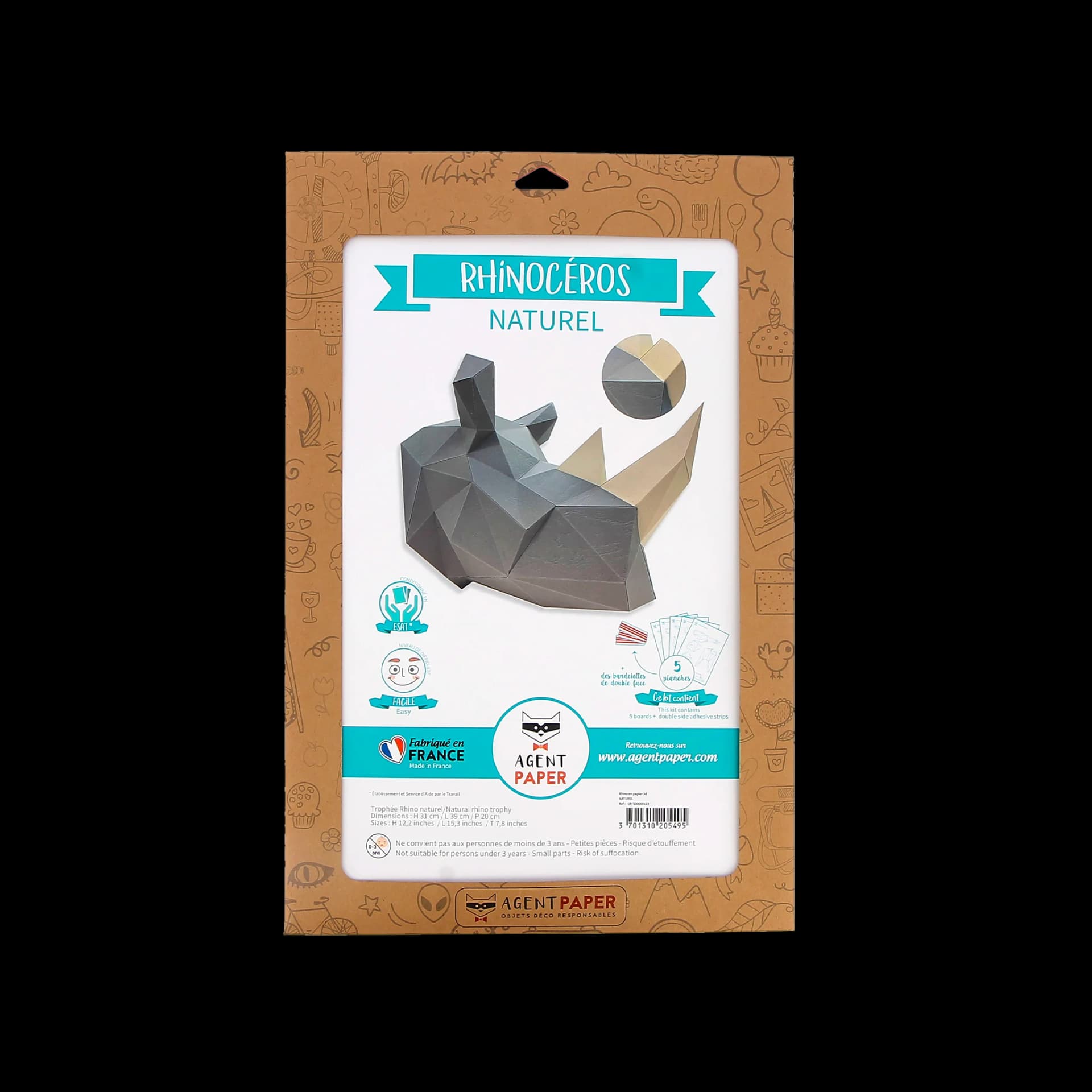 Kit du Rhino en papier 3d Naturel