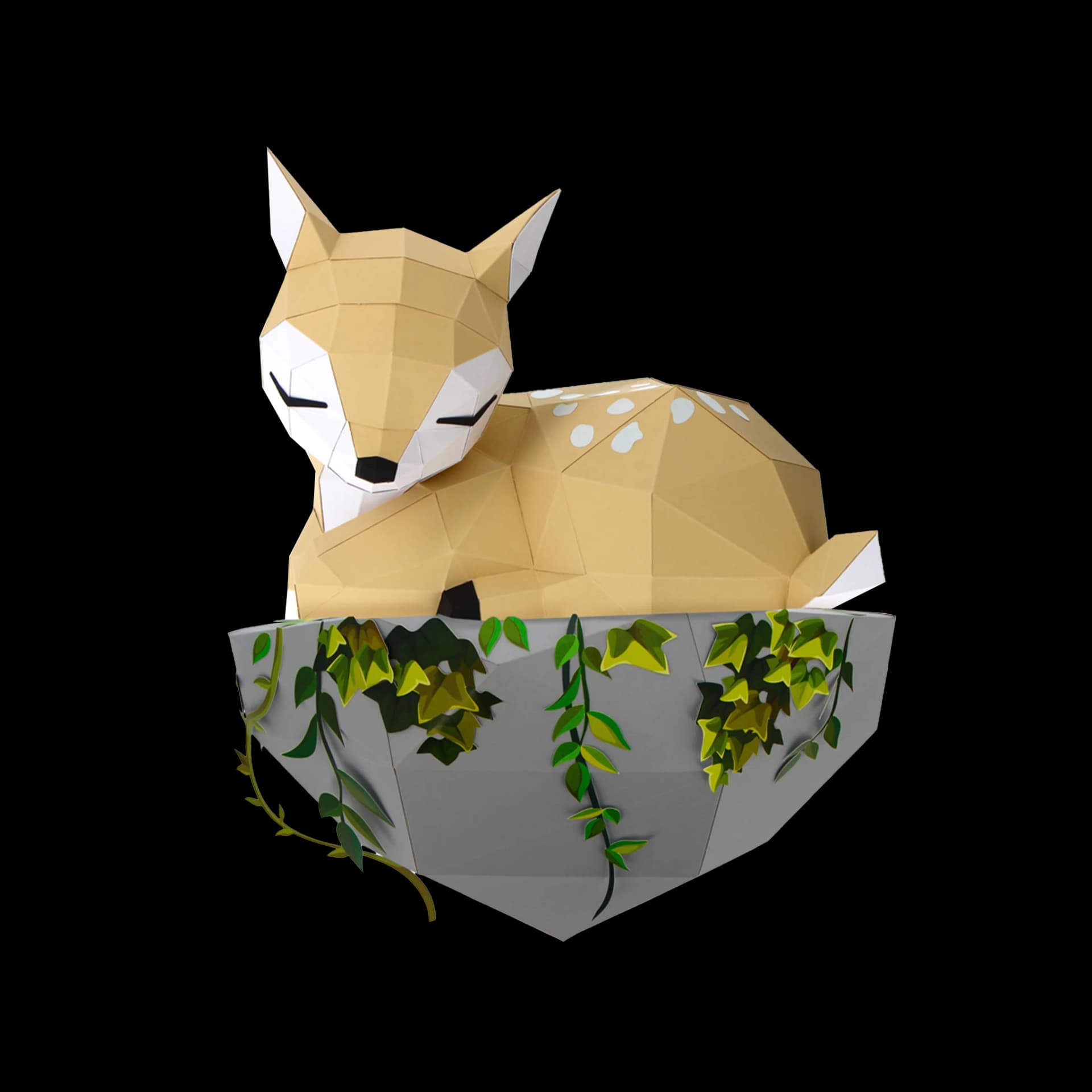 Rocher en papier 3D Gris avec le faon posé dessus