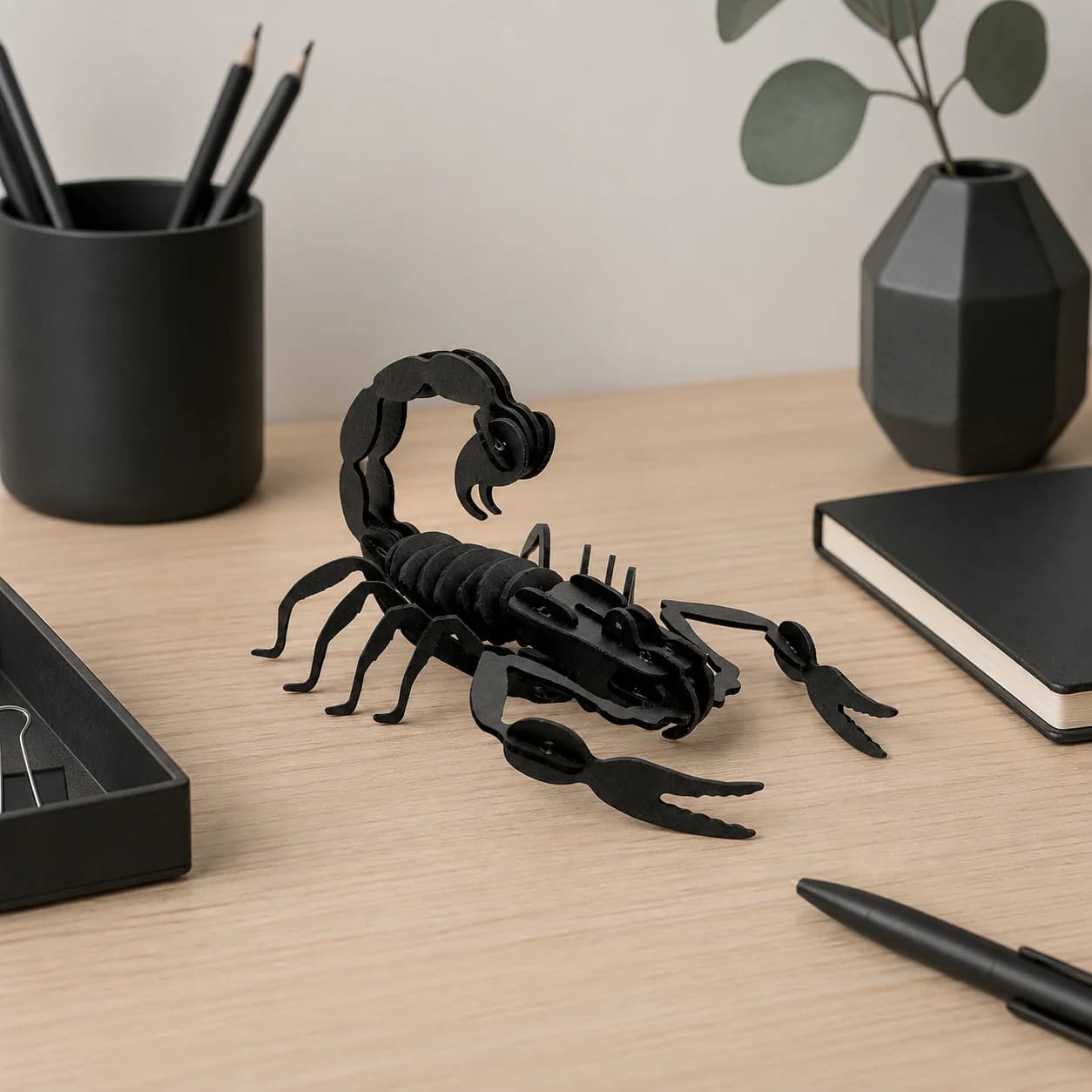 Décoration scorpion en carton noir sur un bureau en bois clair