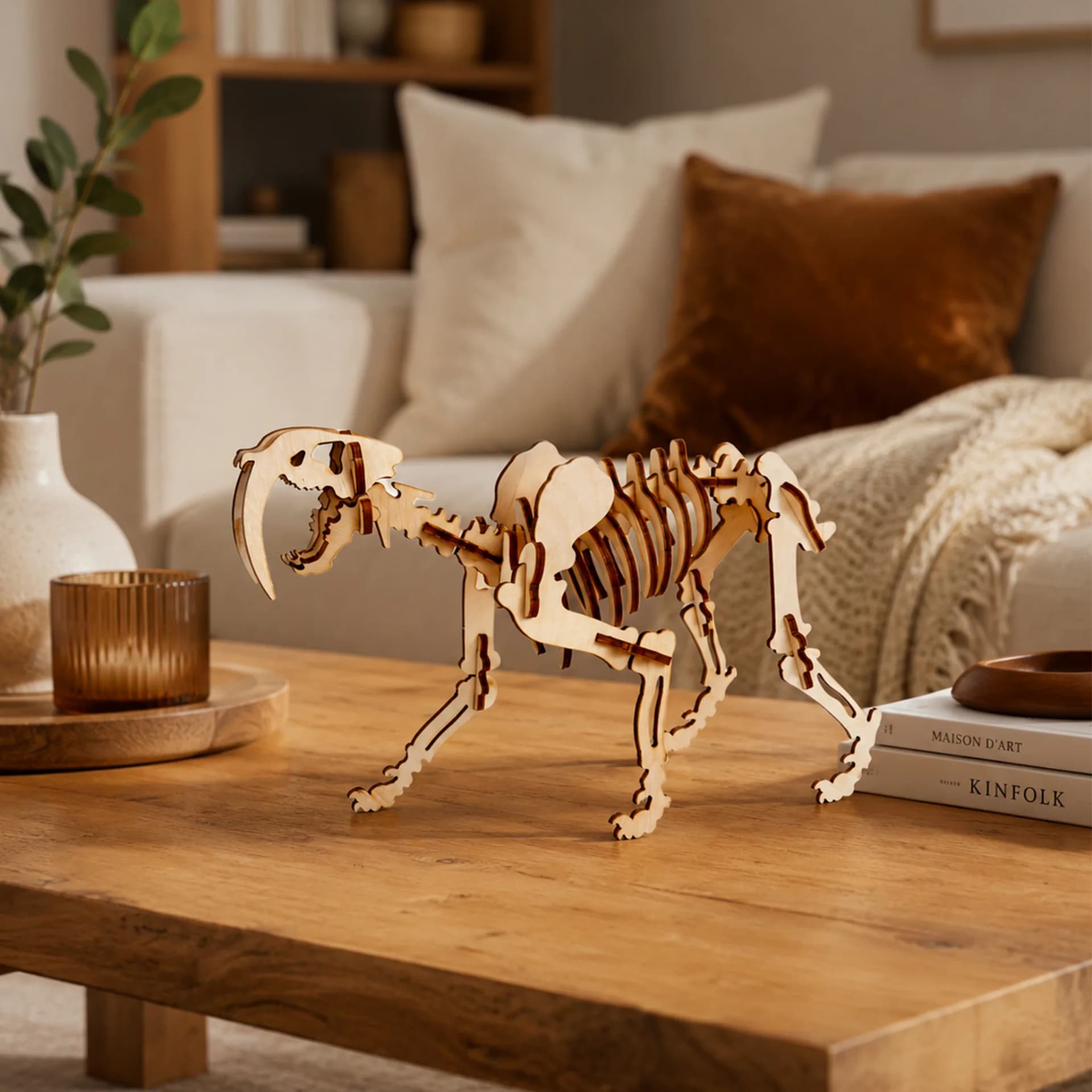 Décoration smilodon en bois, posé sur une table basse d'un salon