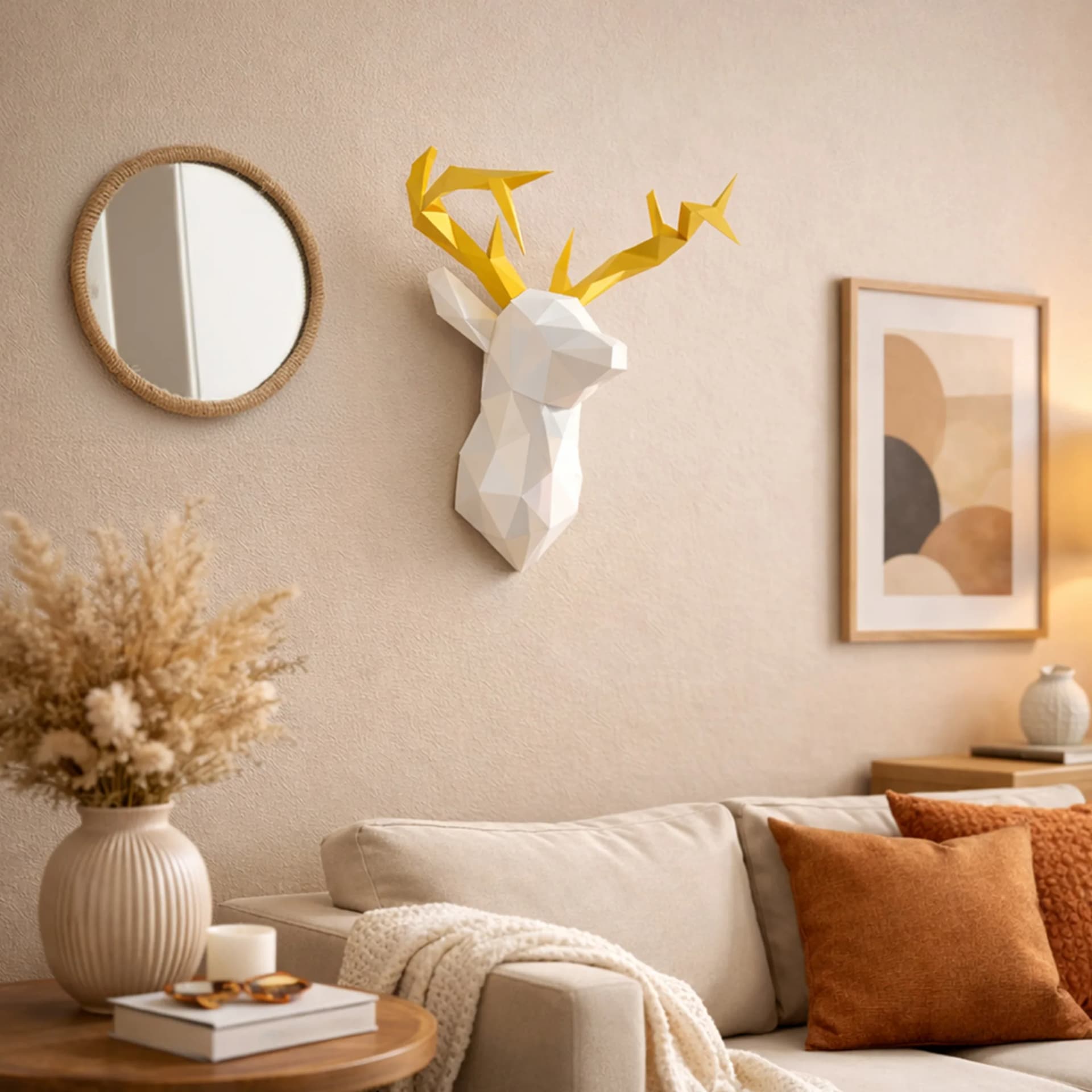 Décoration origami 3D en papier d'une tête de cerf collector blanc et or accrochée au mur au-dessus d'un canapé de salon