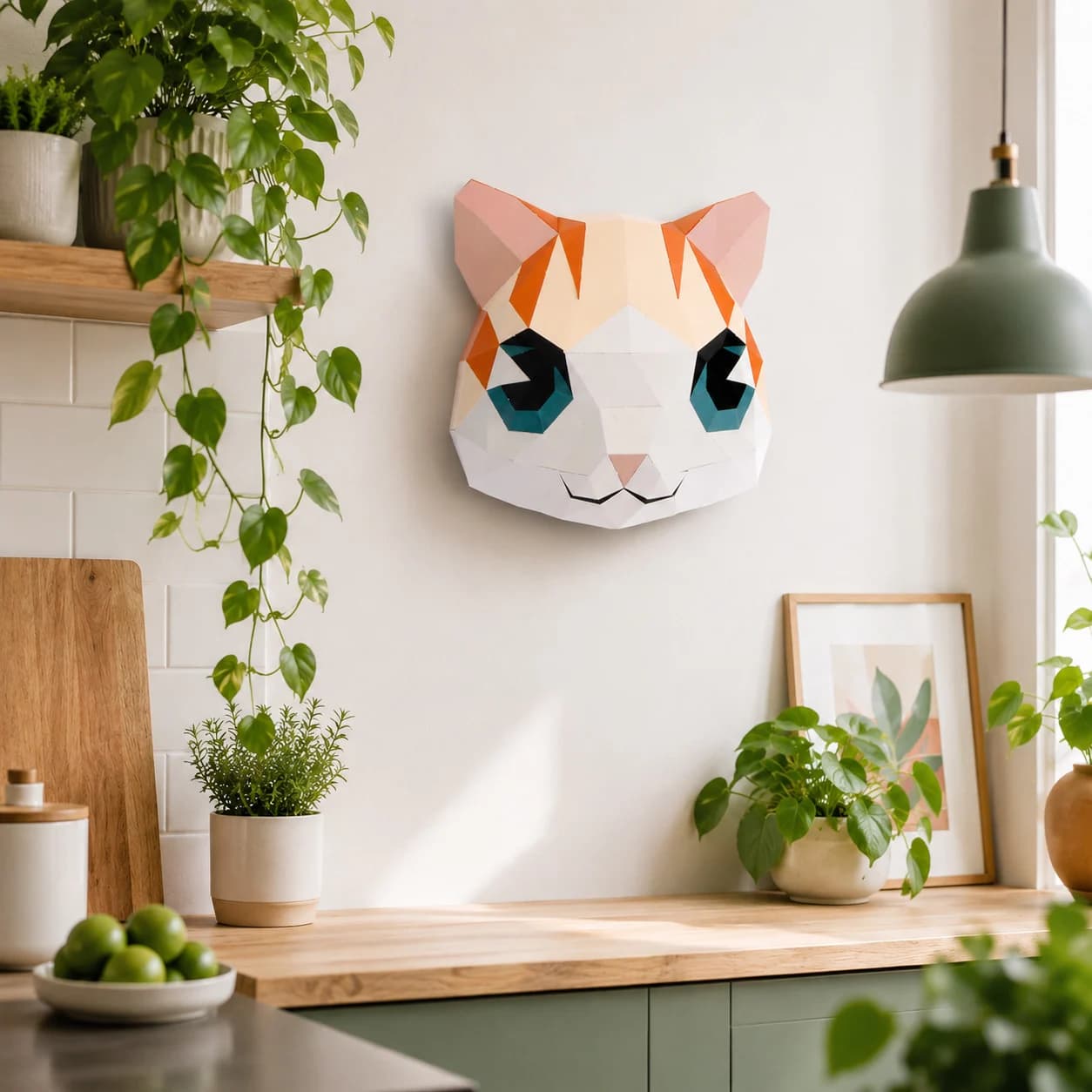 Décoration origami 3D en papier d'une tête de chat roux murale accrochée dans une cuisine