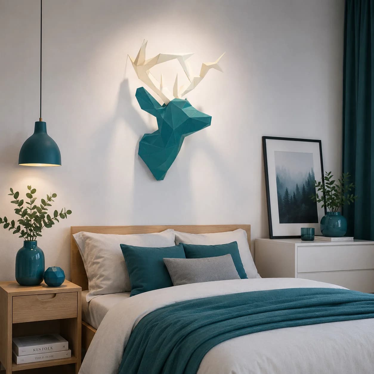 Décoration origami 3D en papier d'une tête de cerf bleu accrochée au mur au-dessus d'un lit dans une chambre