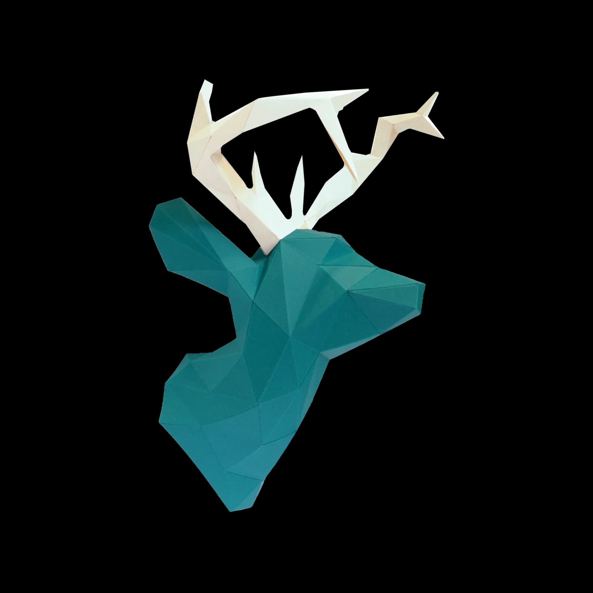 Décoration murale origami 3D en papier, représentant une tête de cerf bleu